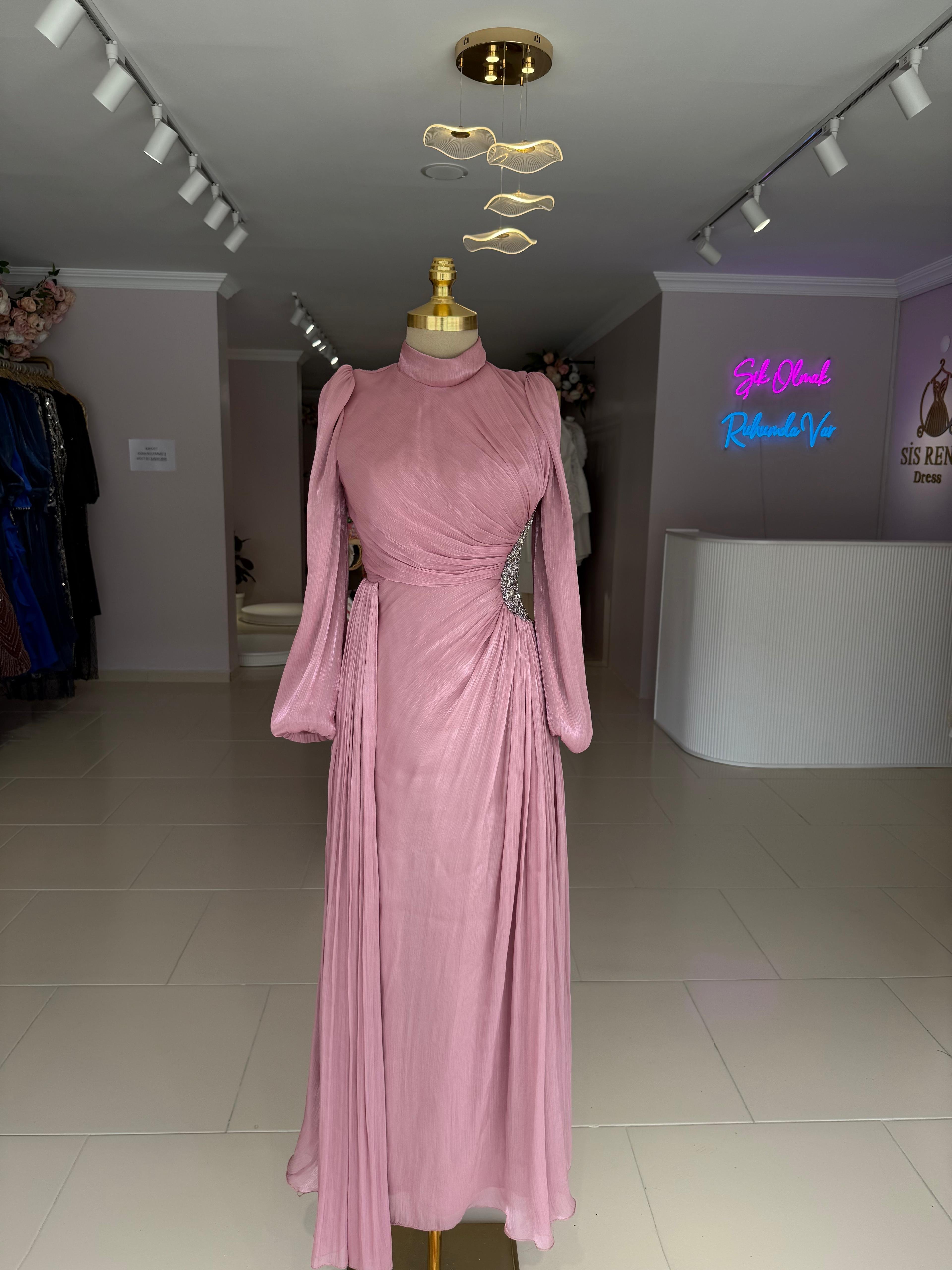 beli taş detaylı janjan abiye  - pembe