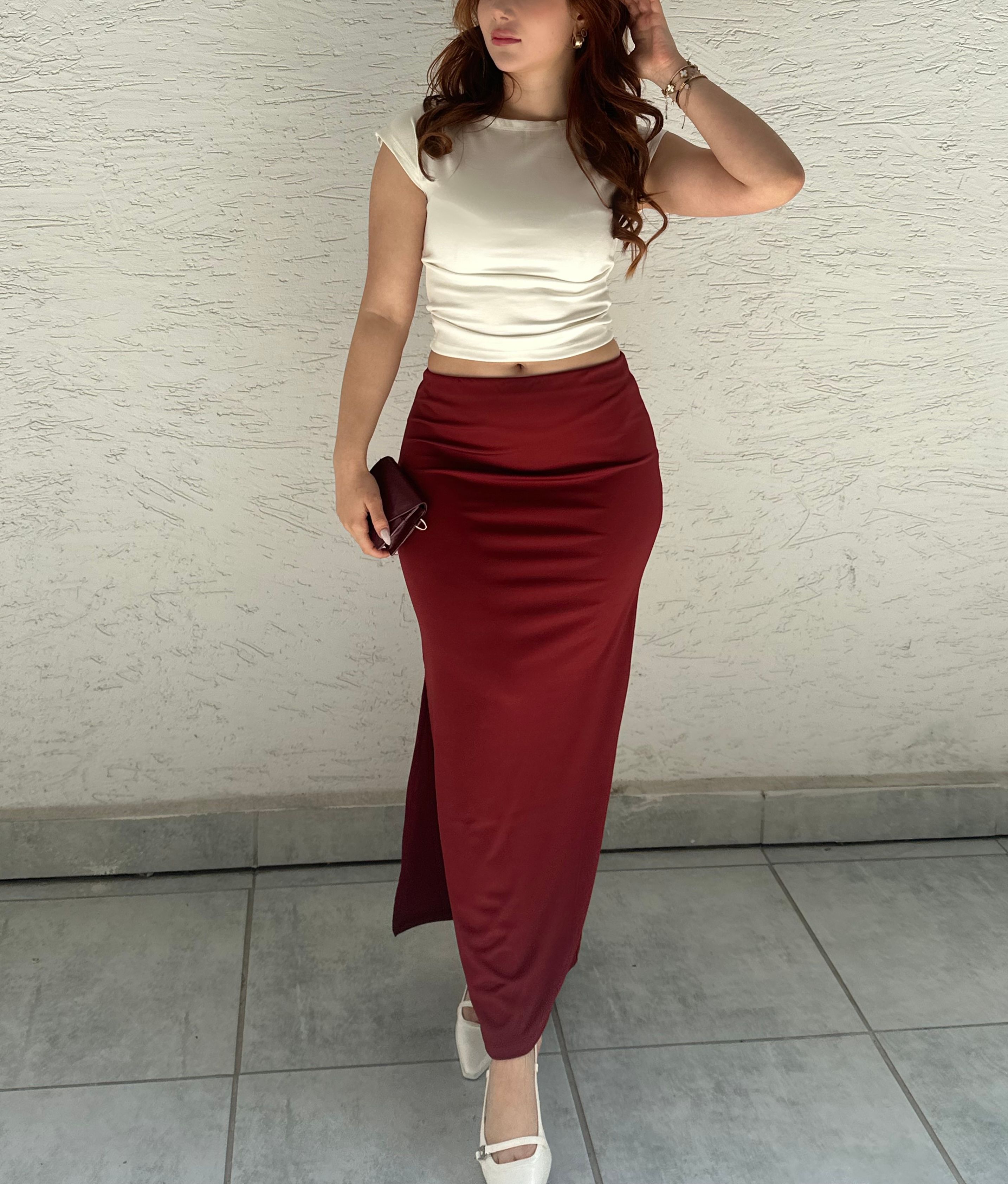 LS - Bordo Yırtmaçlı Etek