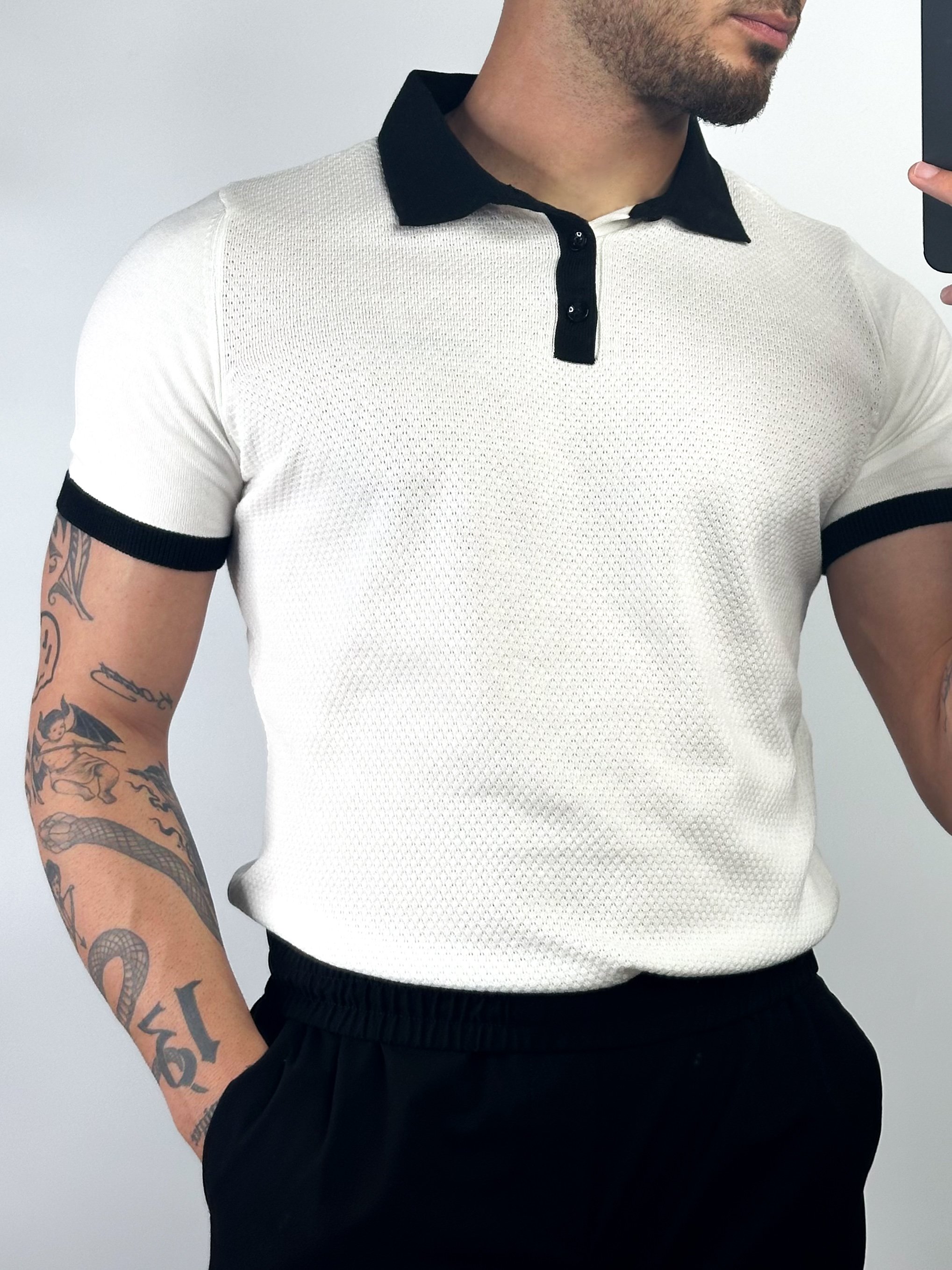 Örgülü Siyah Yaka Triko Polo Yaka T-shirt 5345