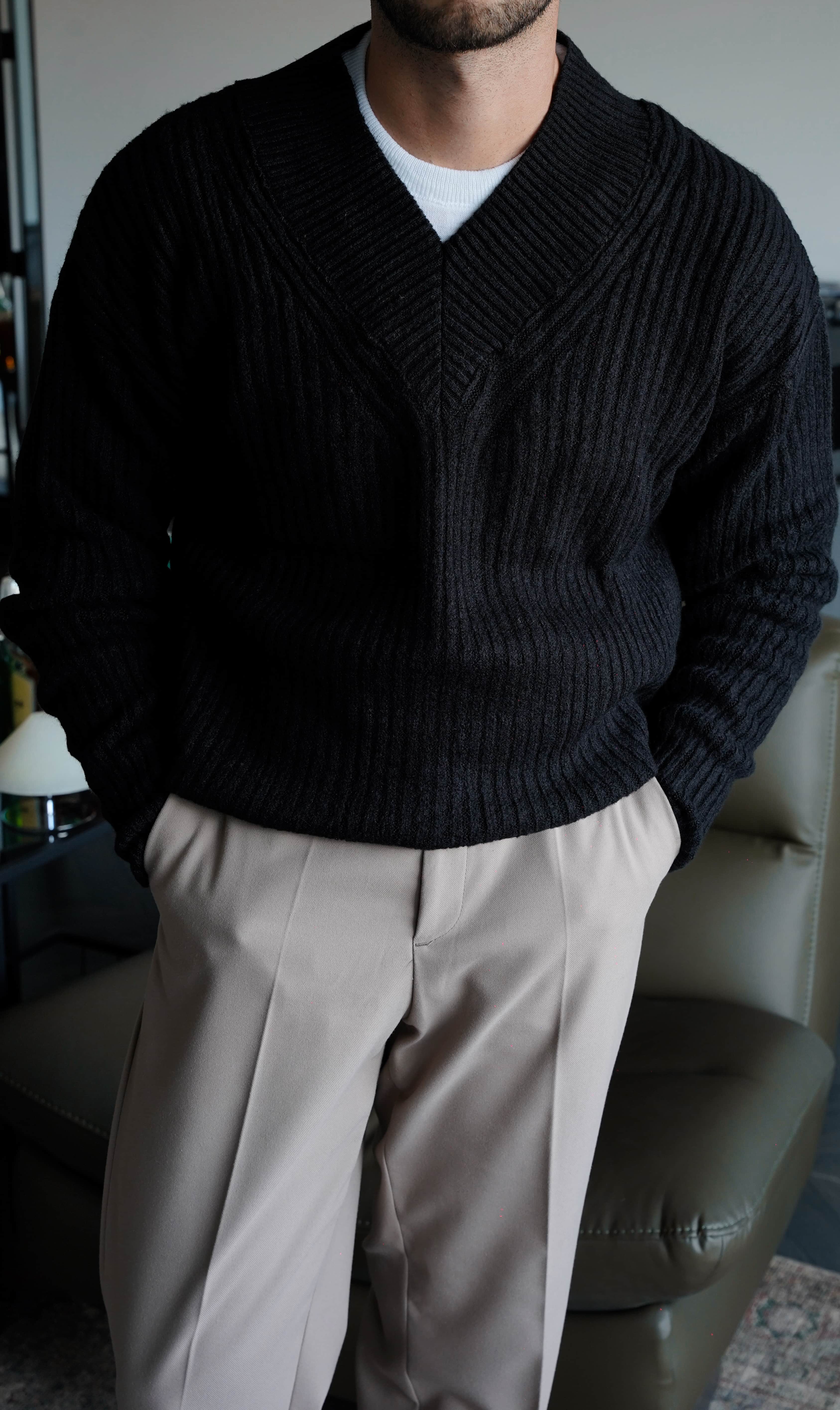 Ribbed Shawl Collar Siyah Knit FW5829