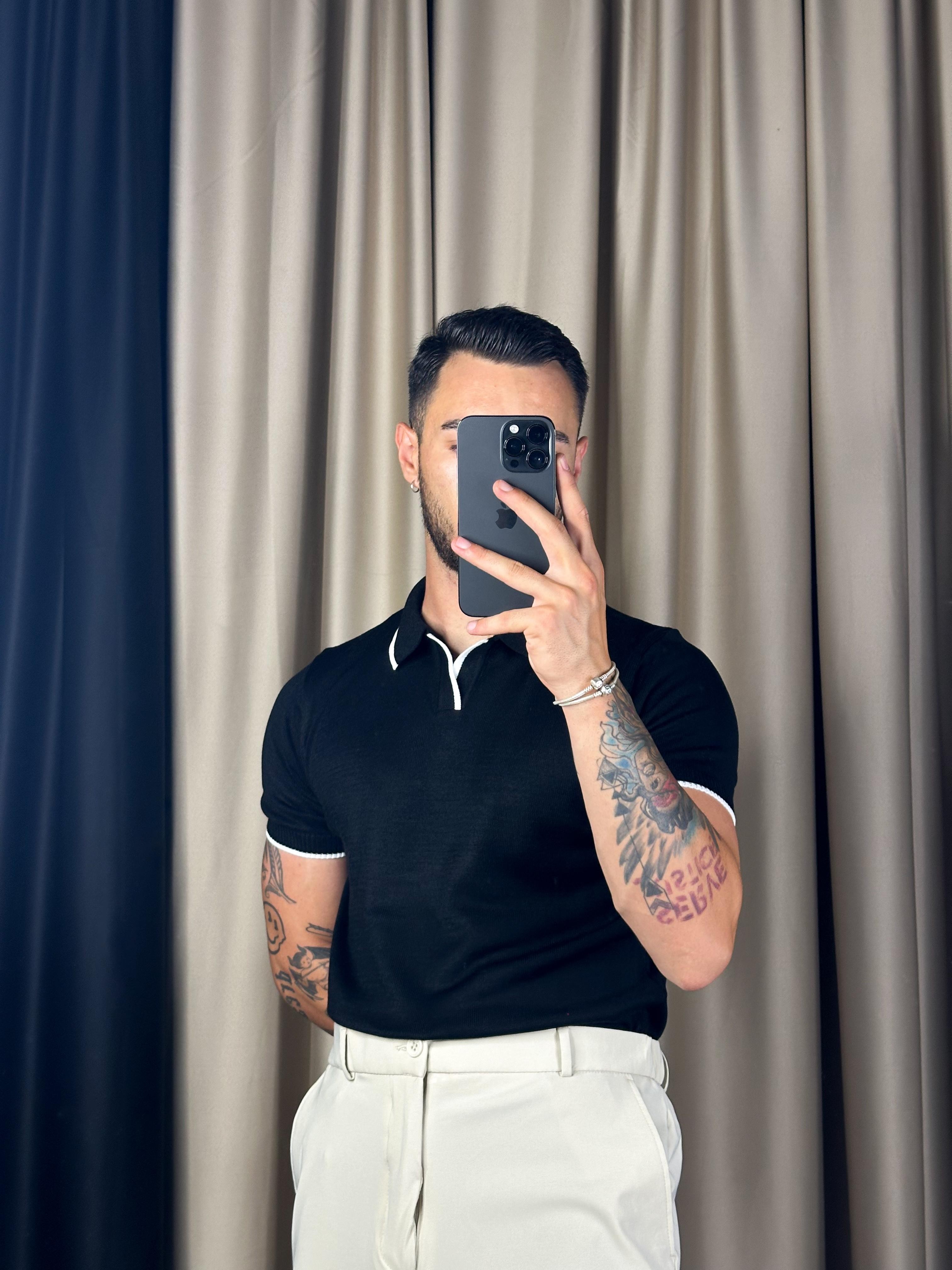Triko Yaka Çizgili Siyah Polo Yaka T-shirt 5377