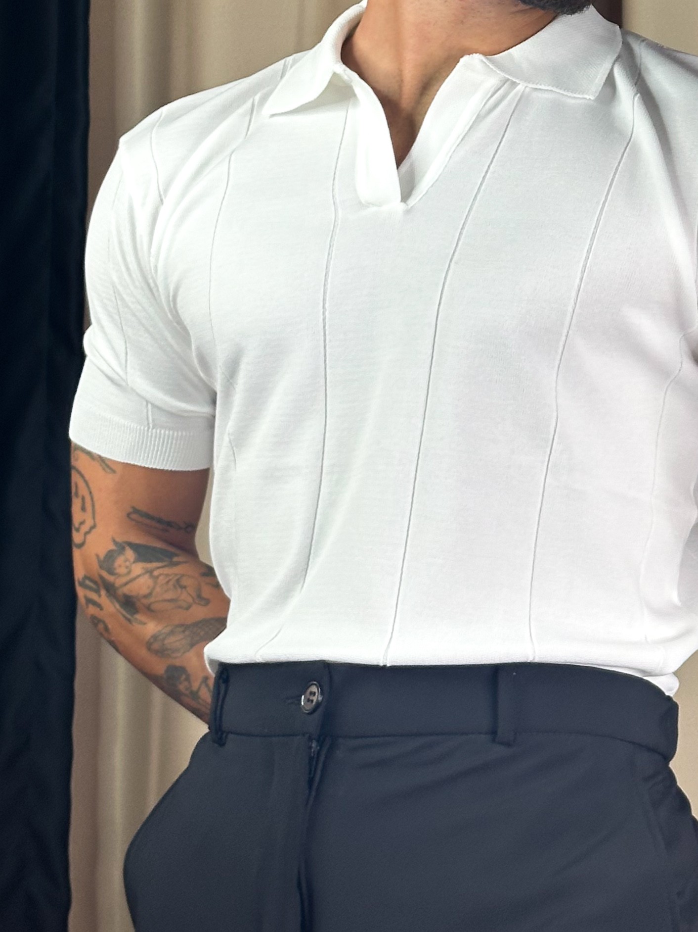 Çizgili Merserize Beyaz Polo Yaka T-shirt 5402
