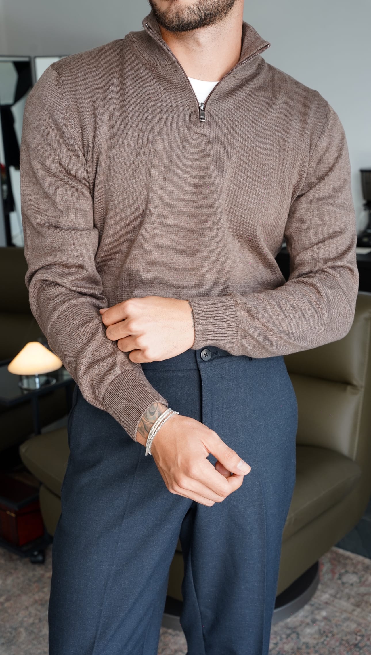 Merino Blend Half Zip Kahve Knit FW5825