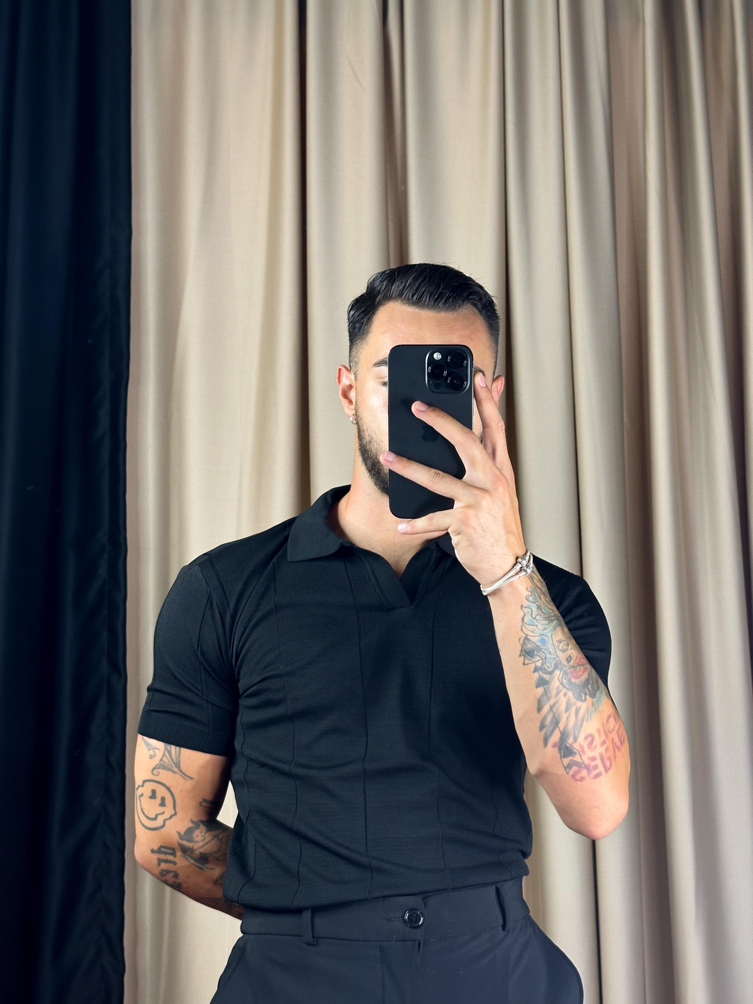 Çizgili Merserize Siyah Polo Yaka T-shirt 5401 