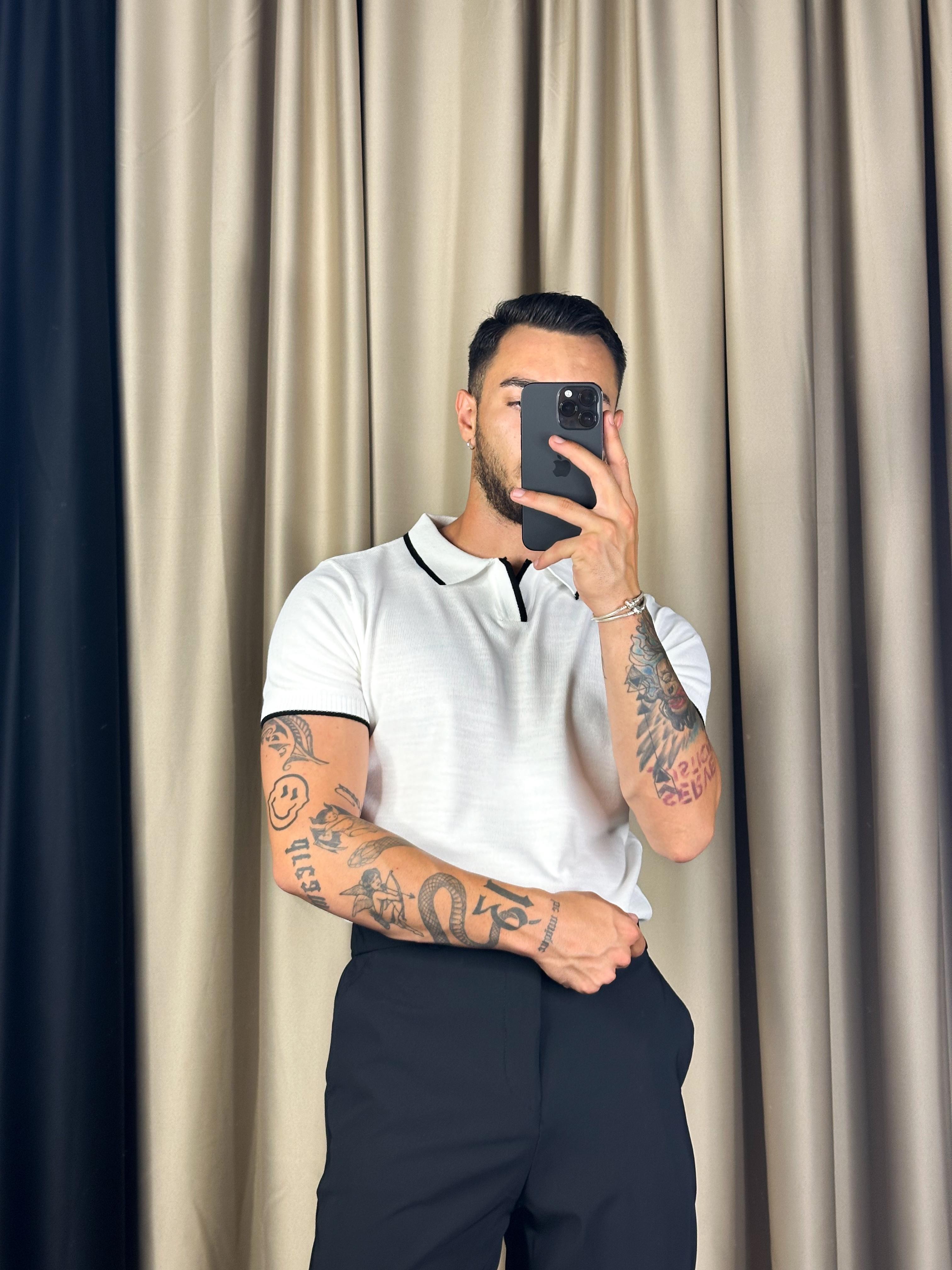 Triko Yaka Çizgili Beyaz Polo Yaka T-shirt 5376 