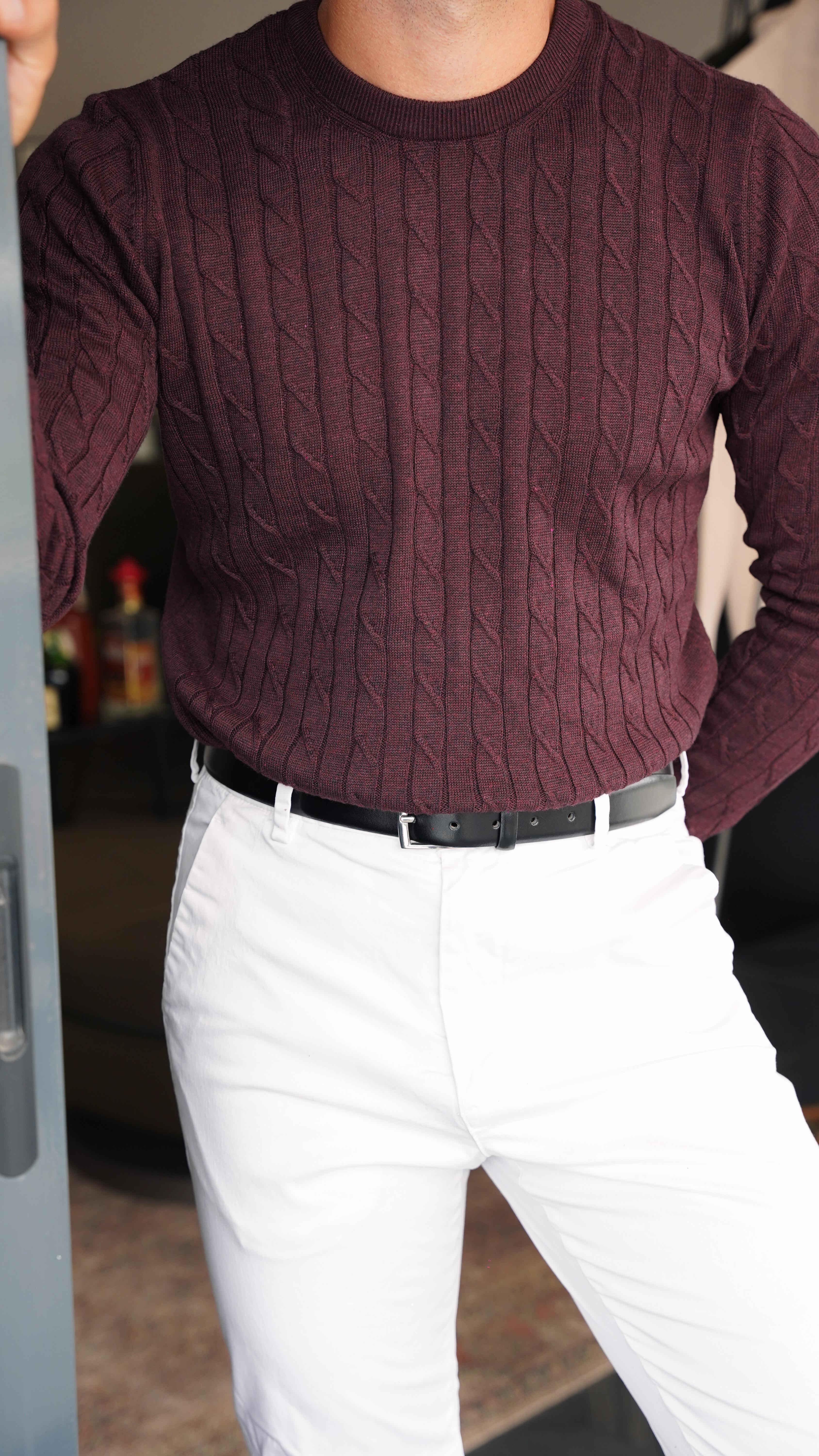 Cable Knit Bordo Triko Kazak FW5761