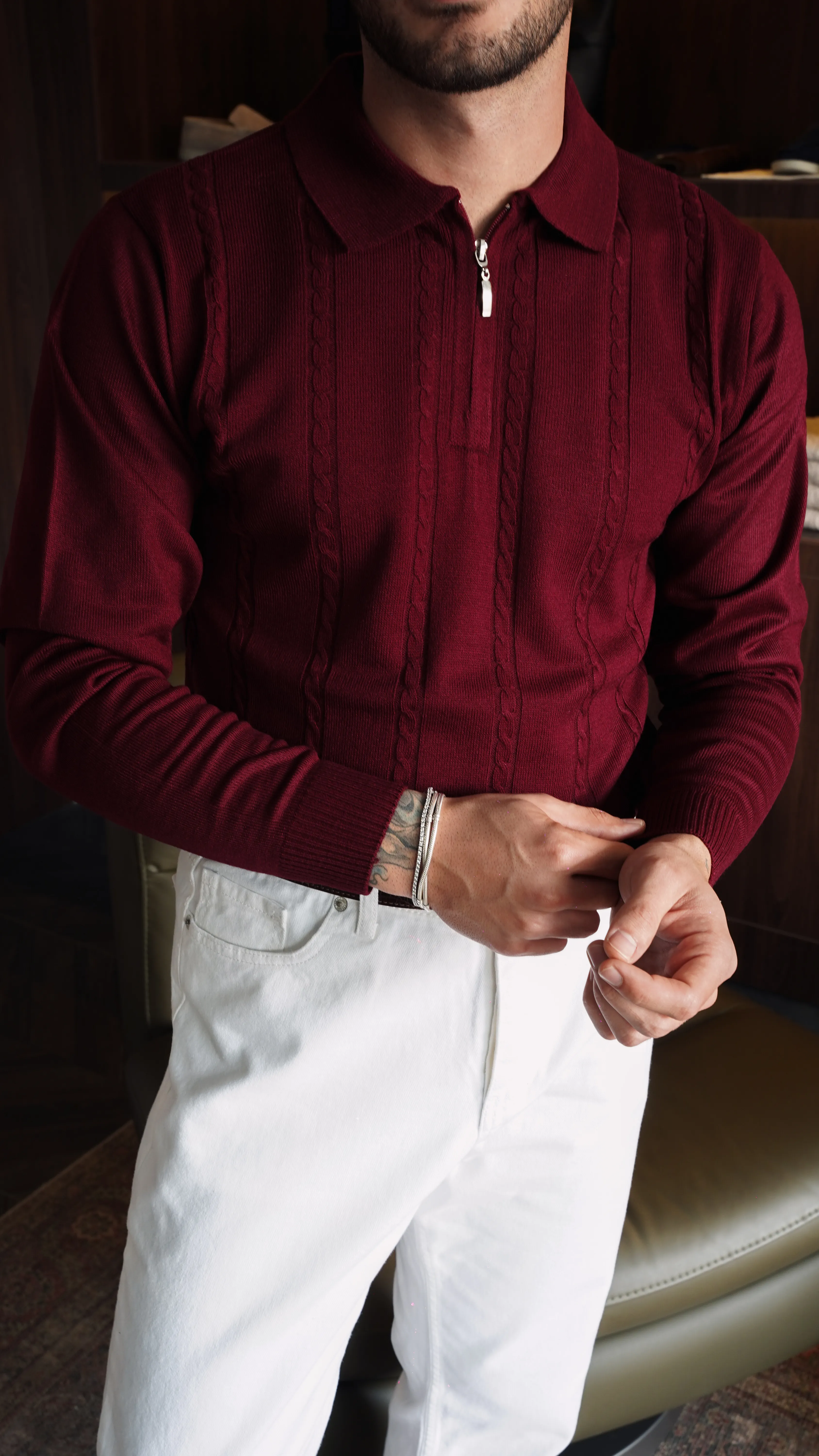 Pure Wool Cable Bordo Triko Polo Yaka FW5903