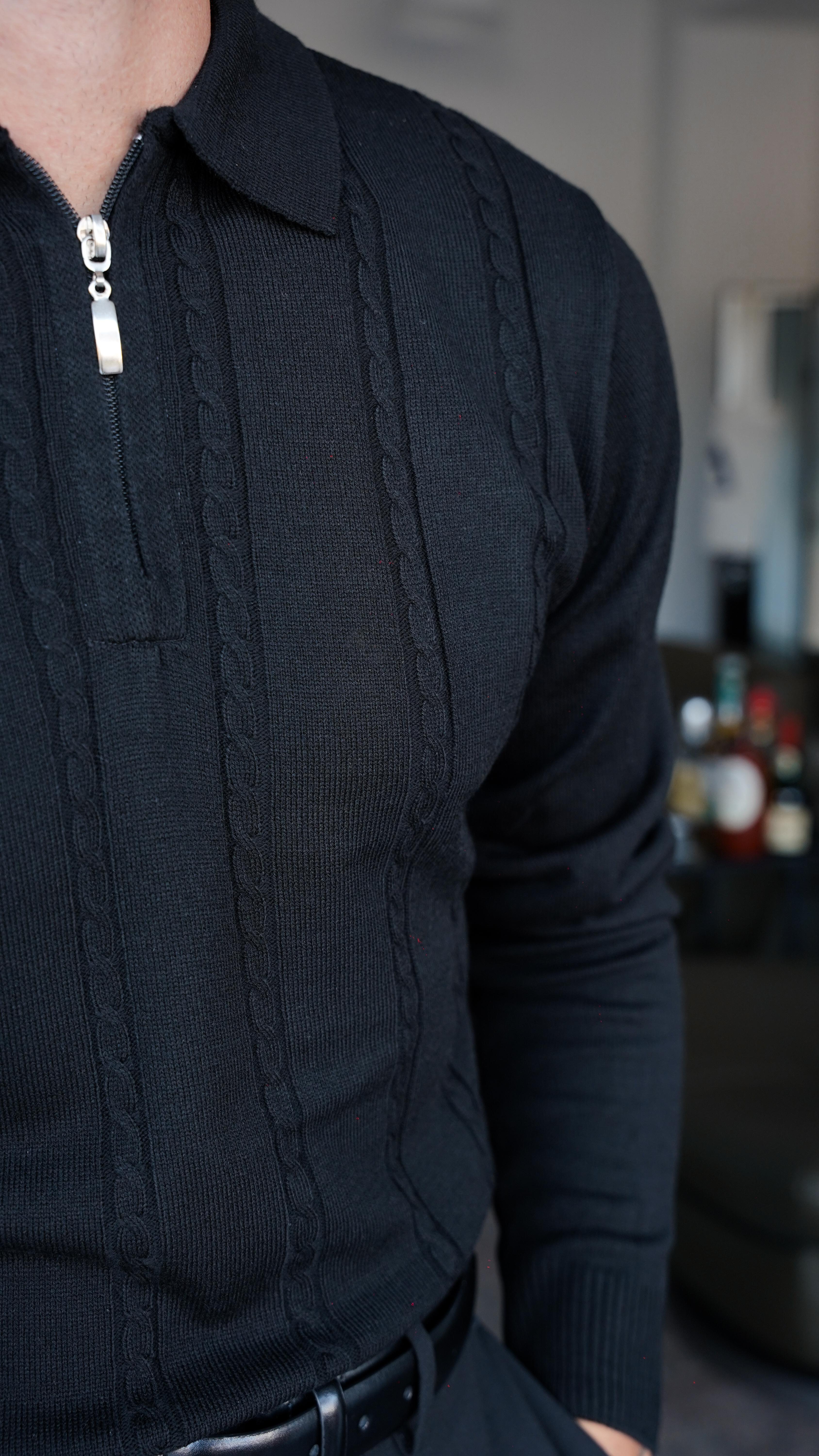 Pure Wool Cable Siyah Triko Polo Yaka FW5798