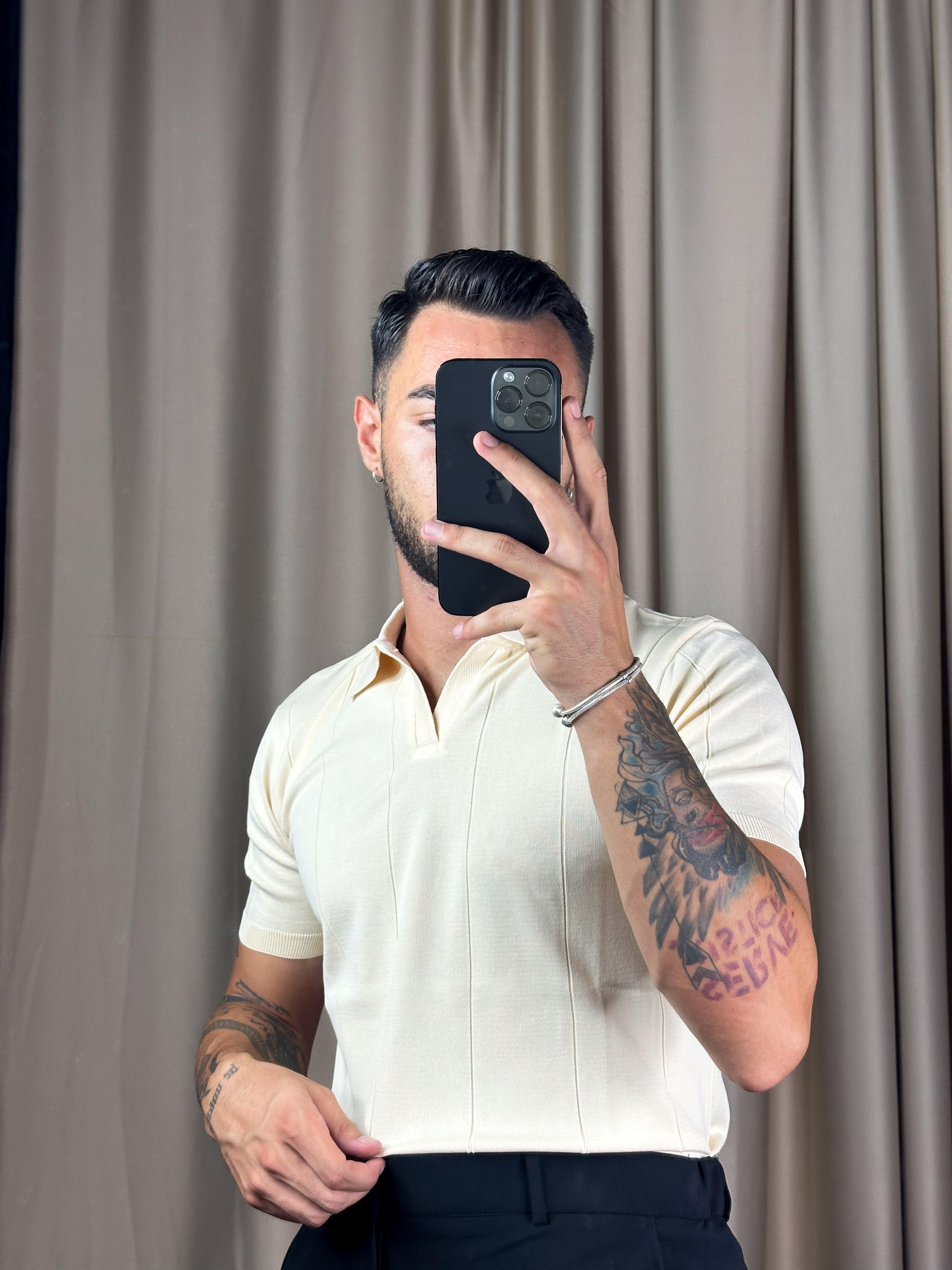 Çizgili Merserize Krem Polo Yaka T-shirt 5407