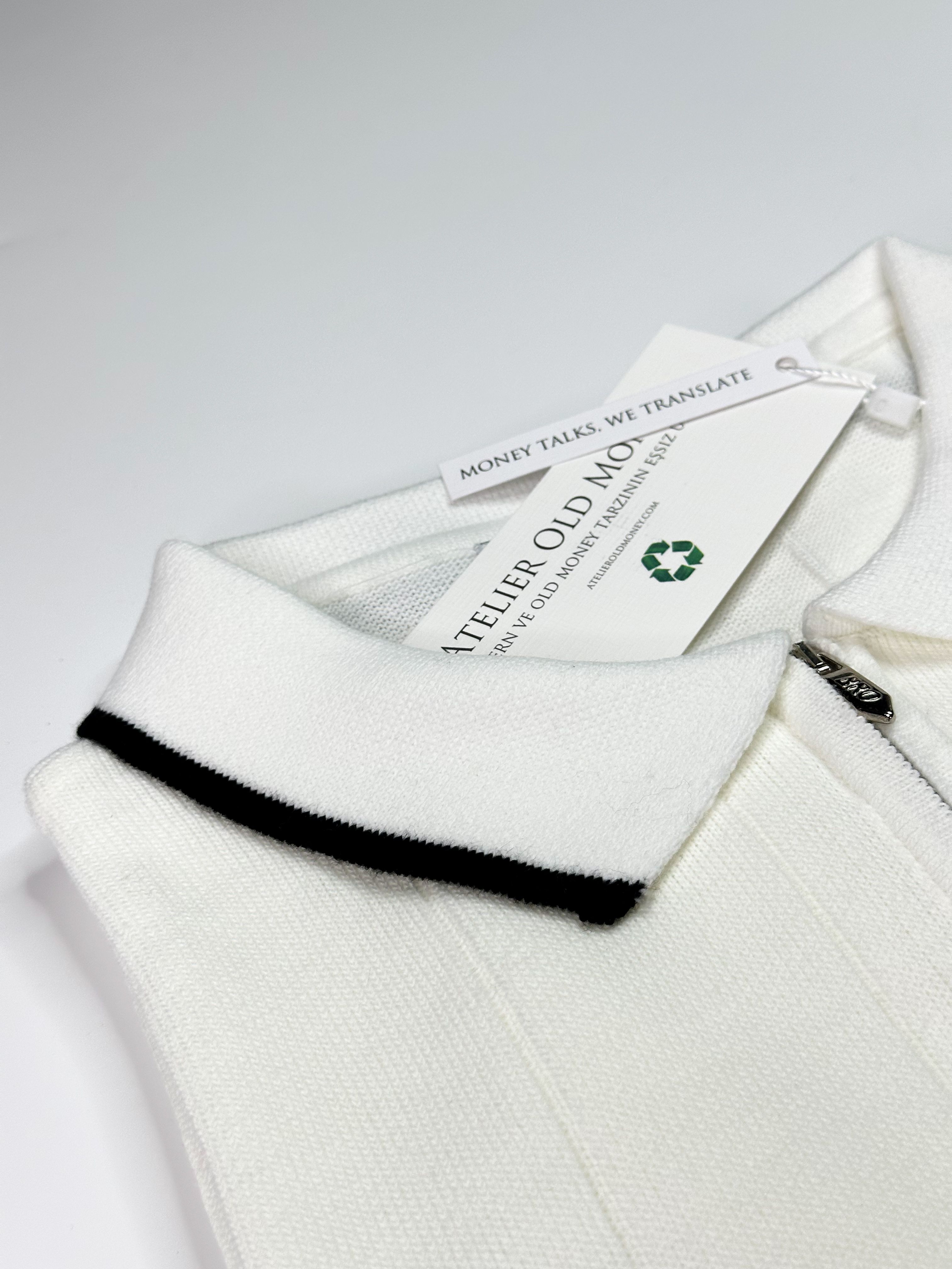 Fermuarlı Yaka Çizgili Beyaz Polo Yaka T-shirt 5422