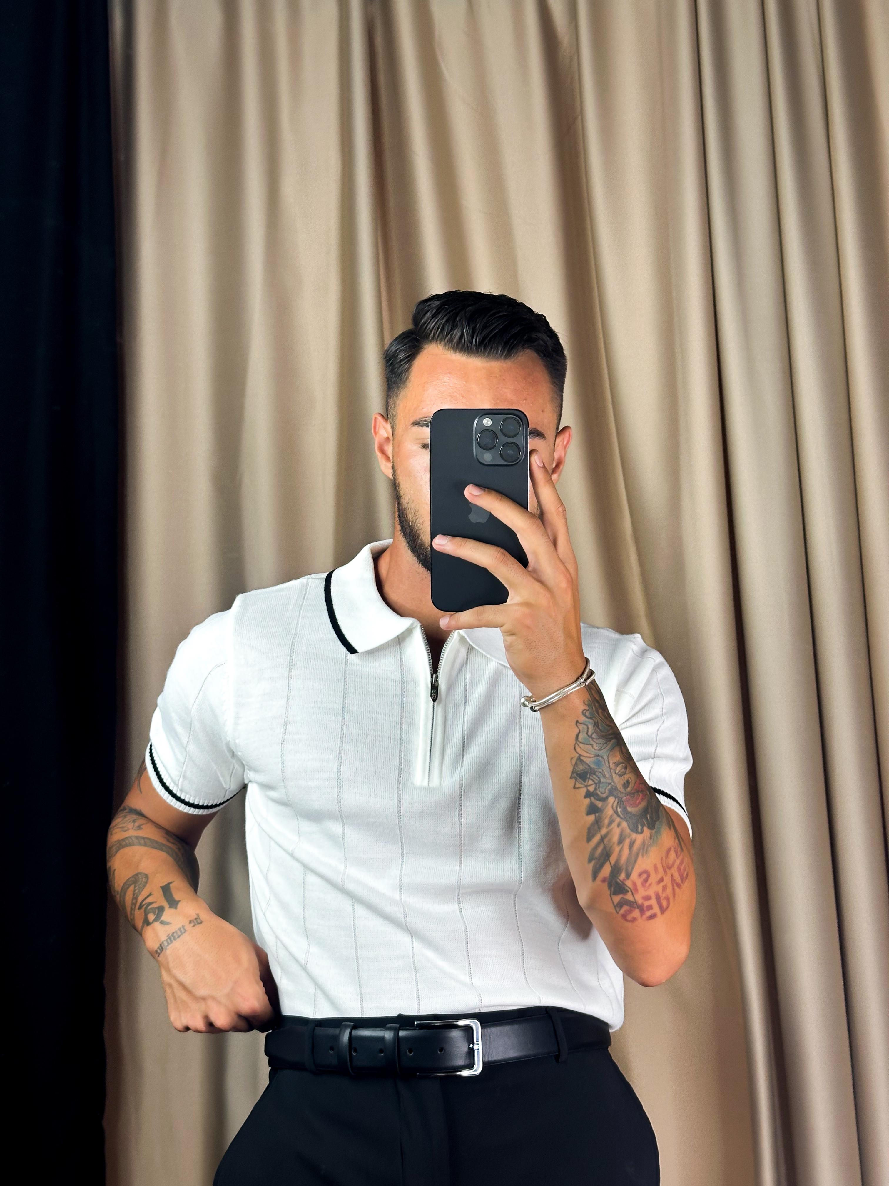 Fermuarlı Yaka Çizgili Beyaz Polo Yaka T-shirt 5422