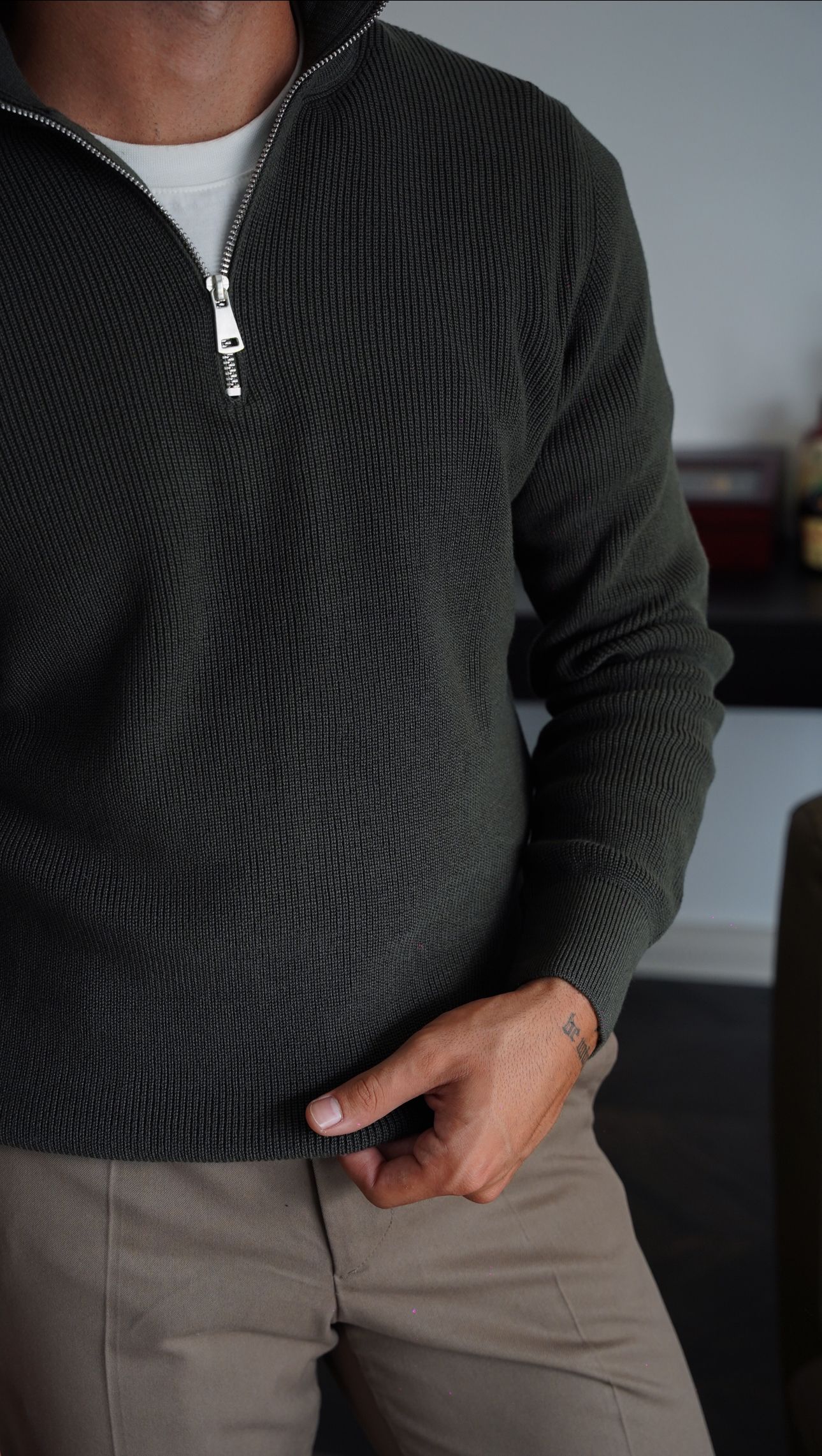 Half Zip Örgü Haki Kazak FW5765