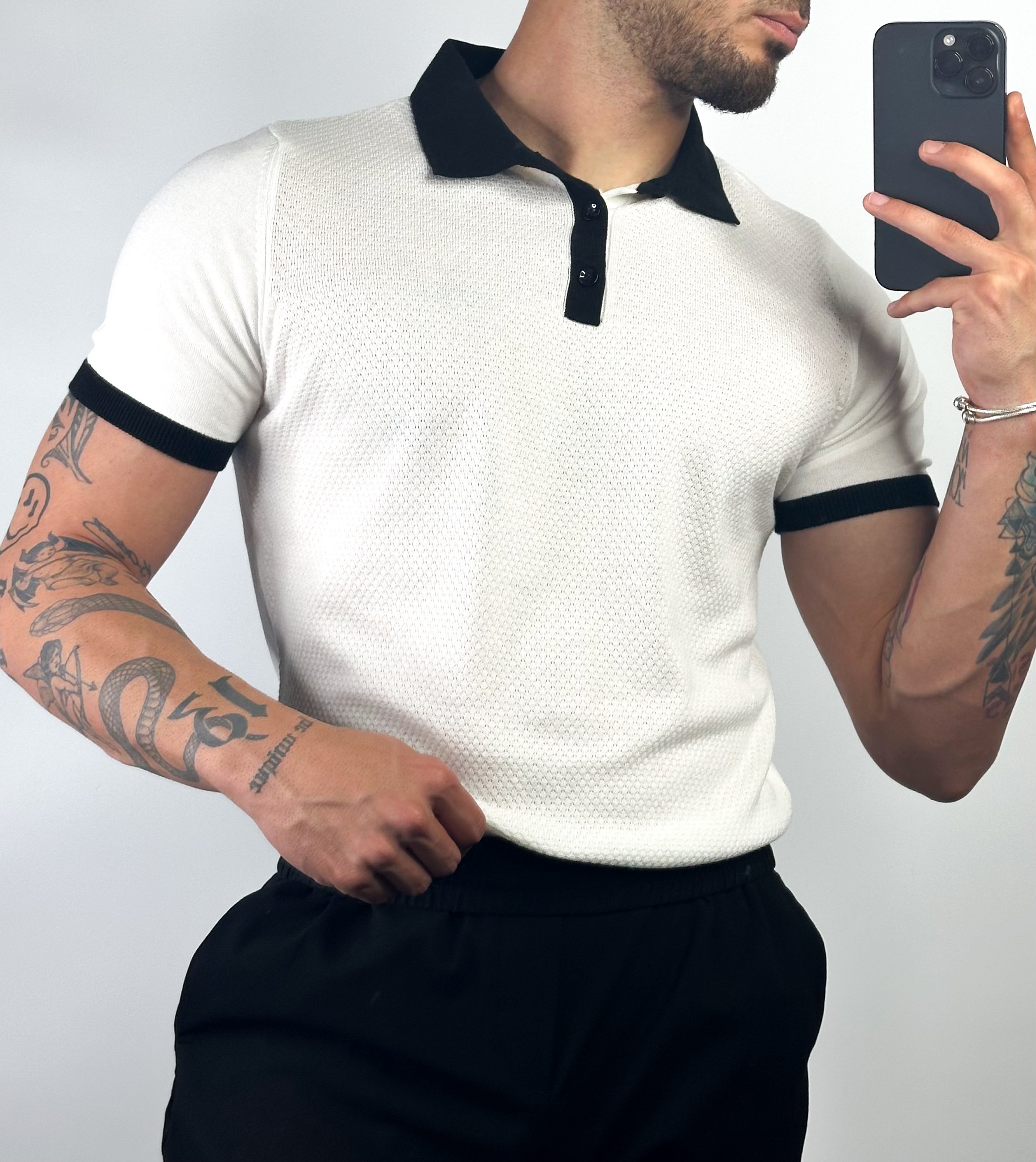 Örgülü Siyah Yaka Triko Polo Yaka T-shirt 5345