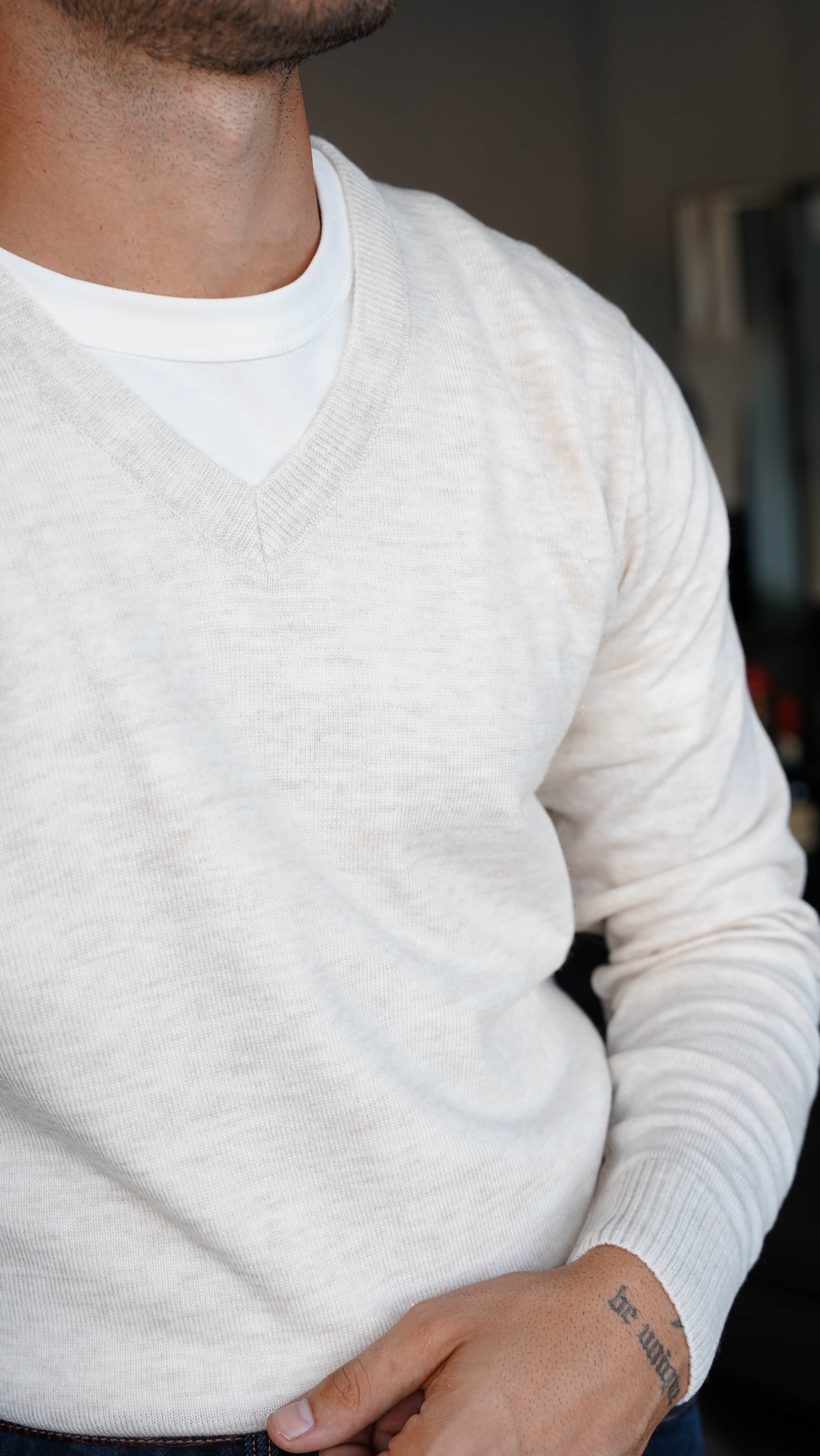 Pure Wool V Yaka Krem Triko Kazak FW5804