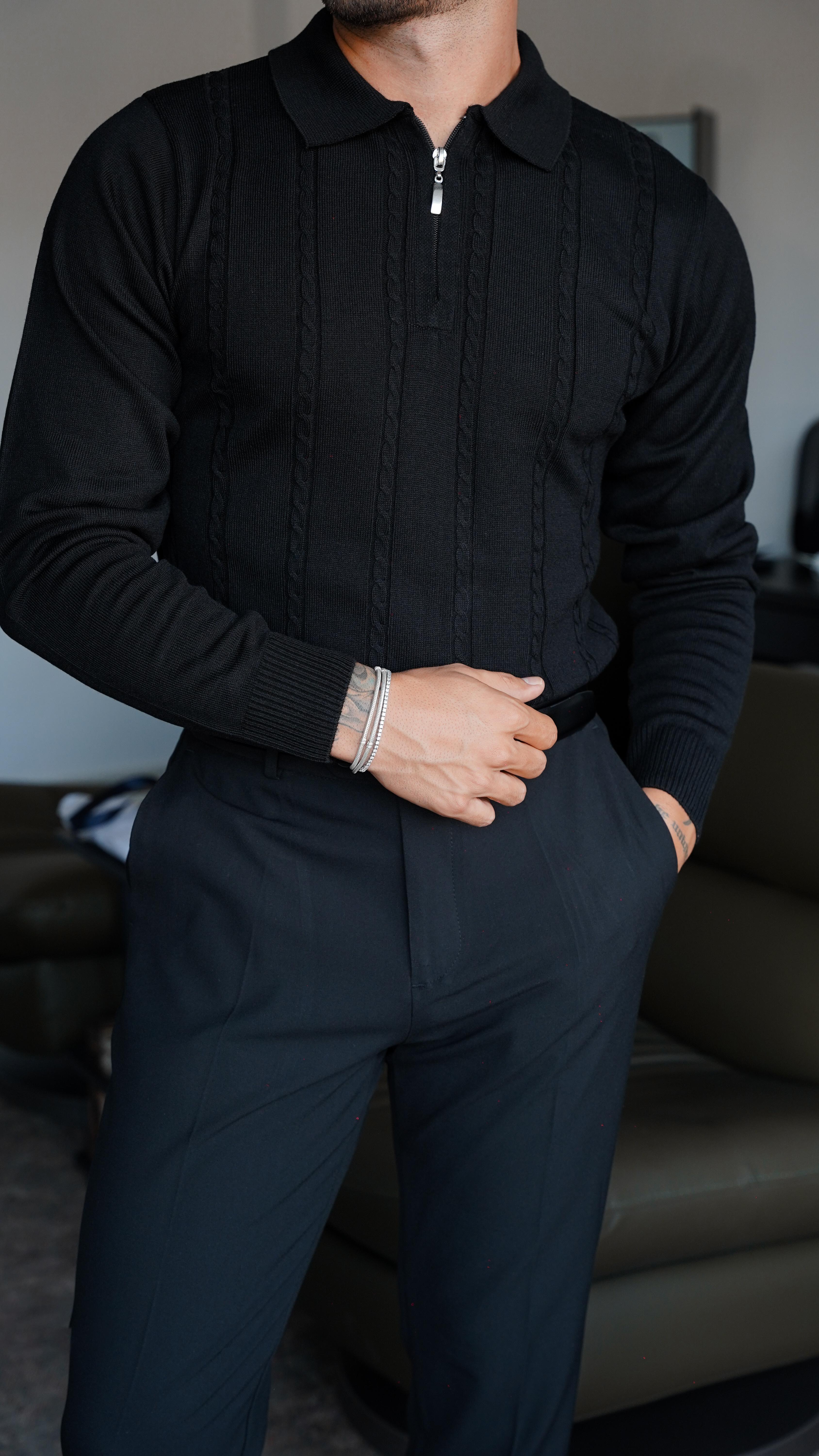 Pure Wool Cable Siyah Triko Polo Yaka FW5798