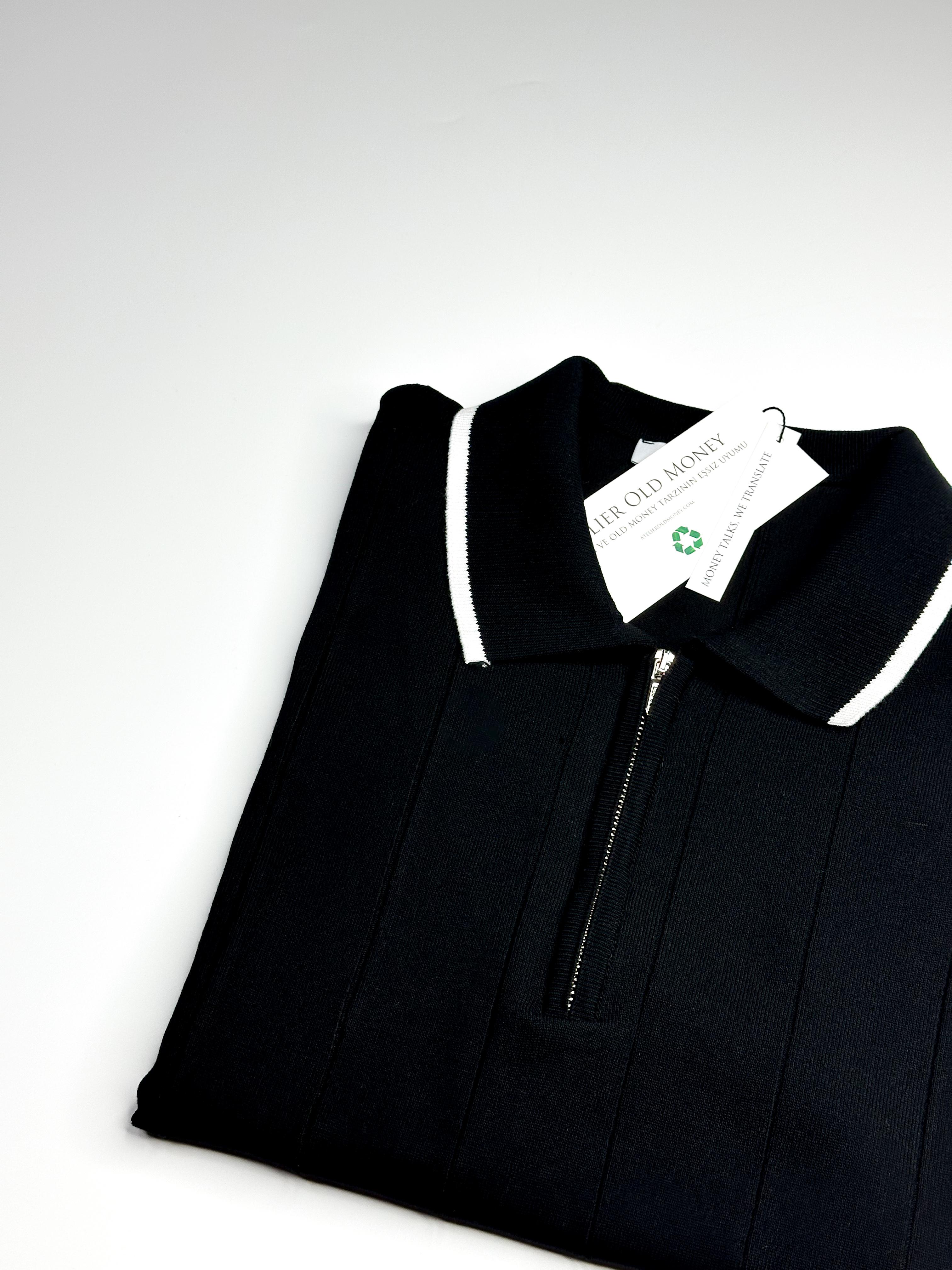 Fermuarlı Yaka Çizgili Siyah Polo Yaka T-shirt 5421