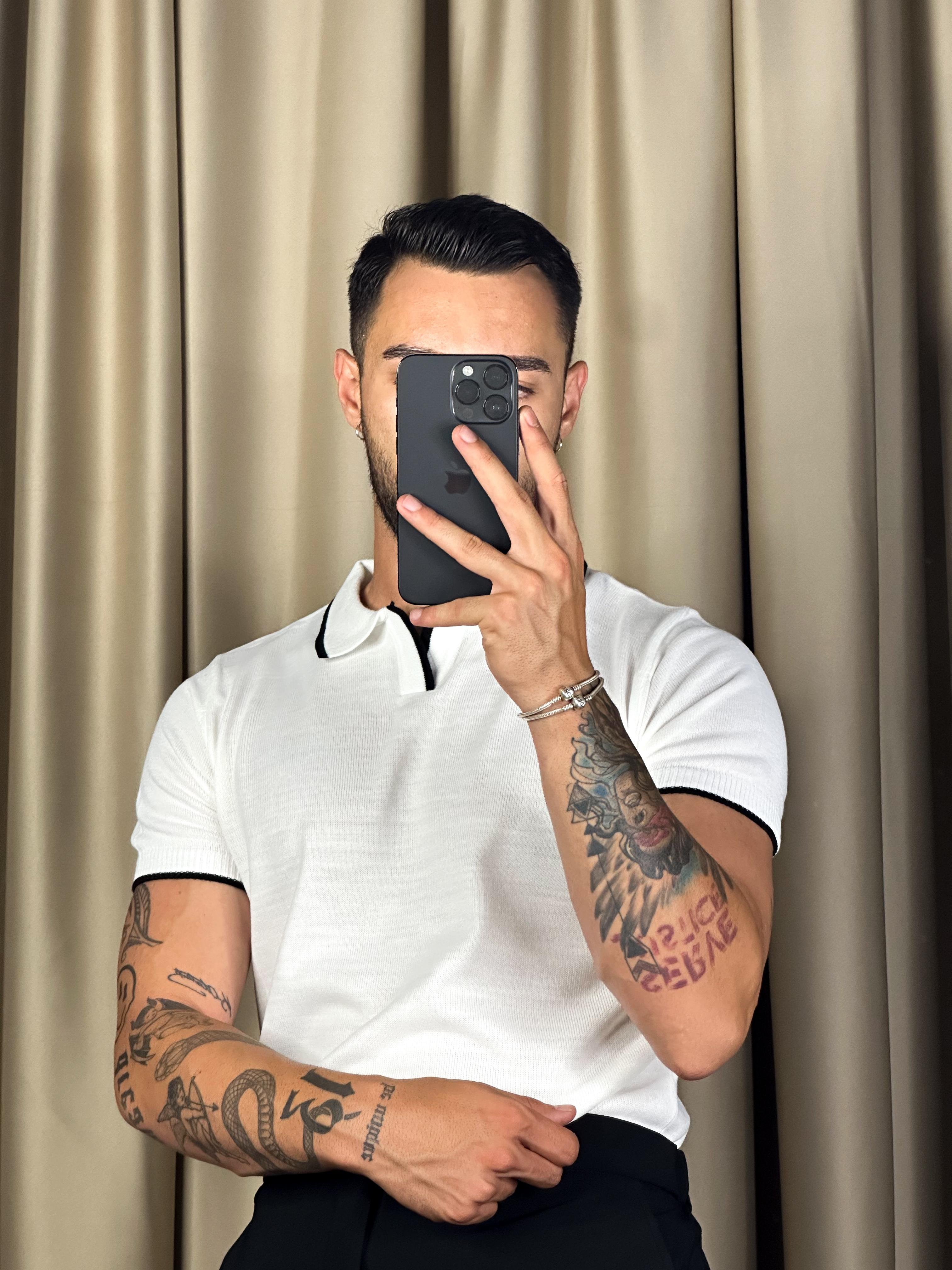 Triko Yaka Çizgili Beyaz Polo Yaka T-shirt 5376 