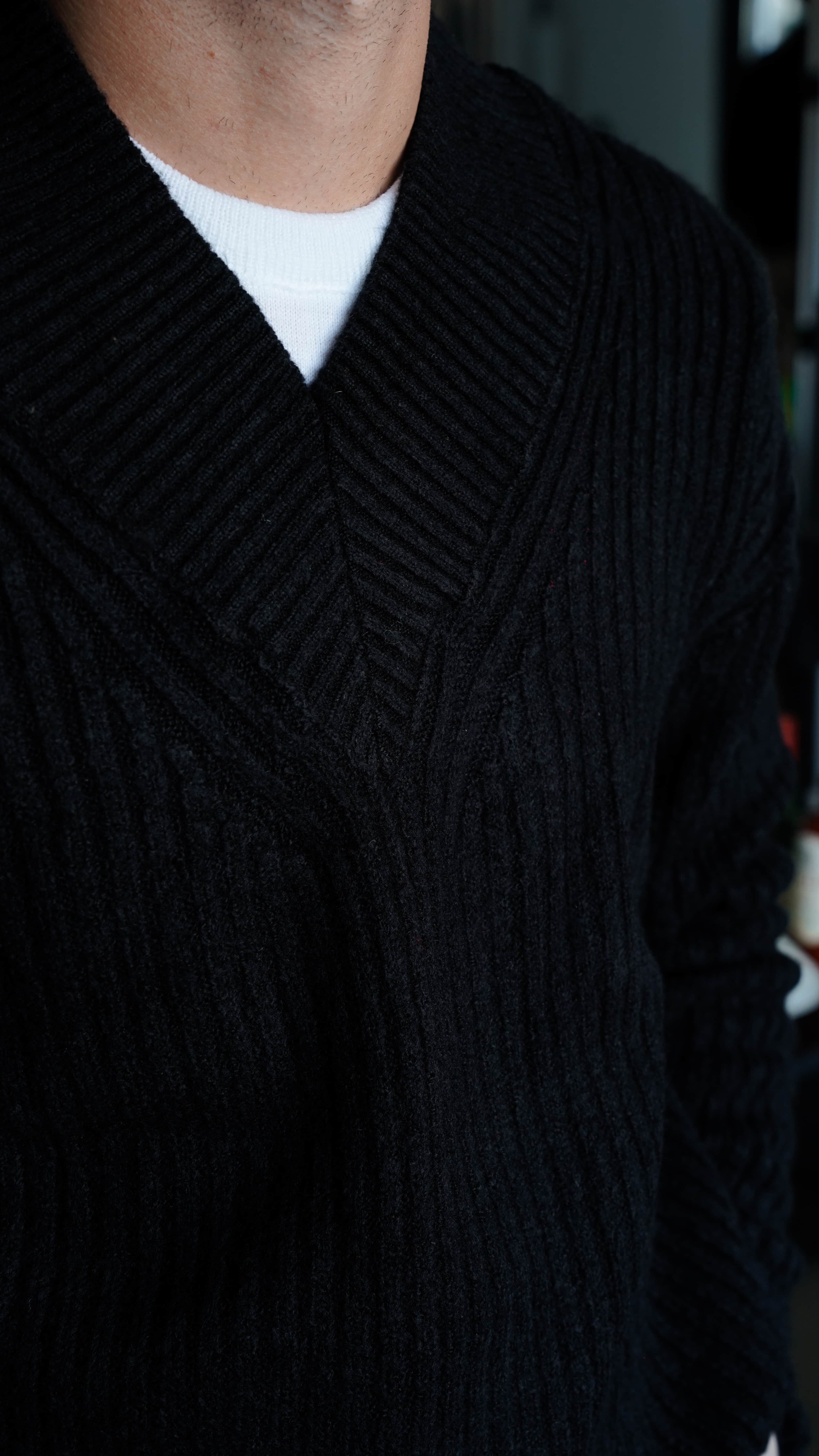 Ribbed Shawl Collar Siyah Knit FW5829