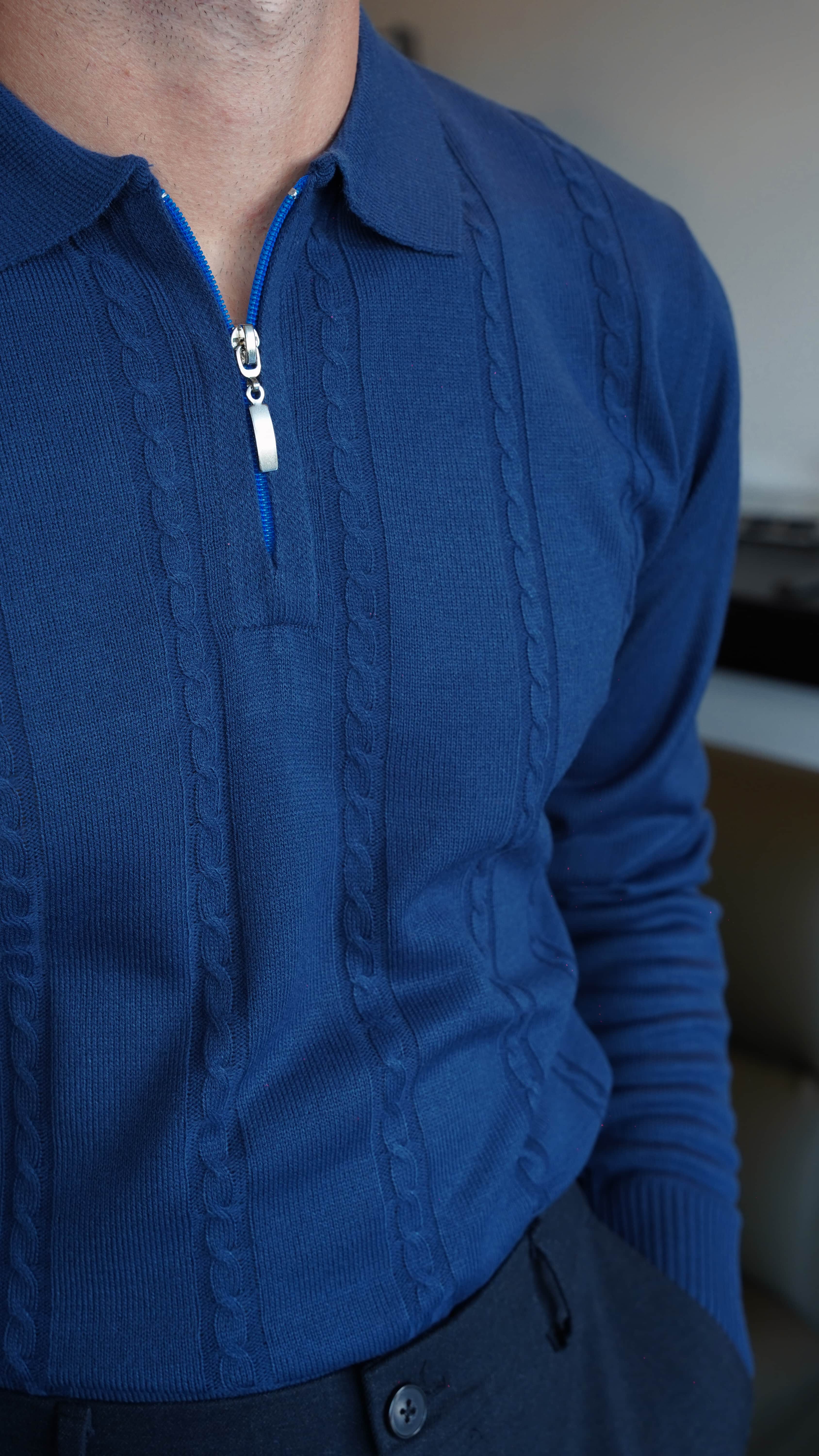 Pure Wool Cable Gri Triko Polo Yaka FW5828