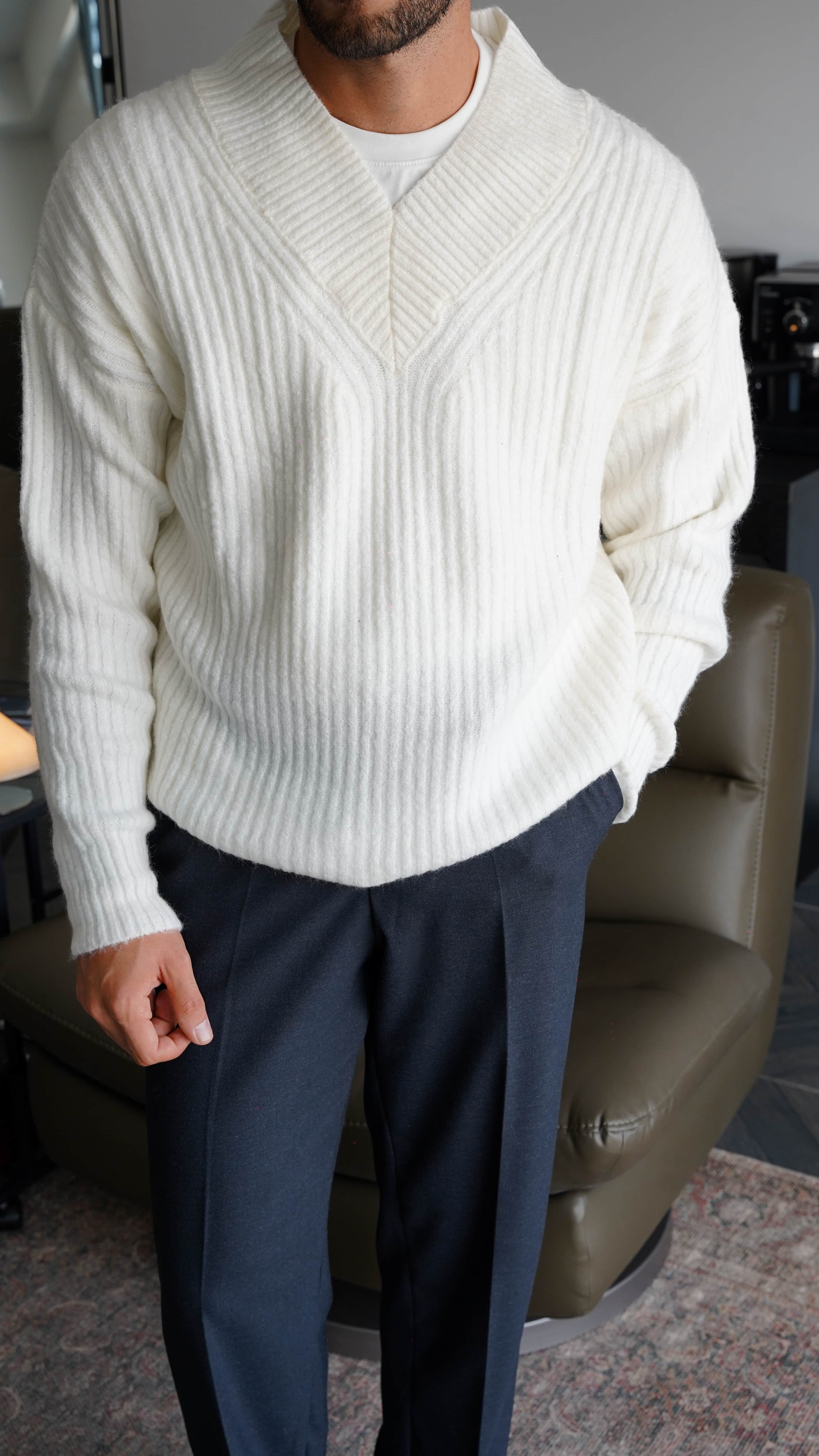 Ribbed Shawl Collar Ekru Knit FW5820