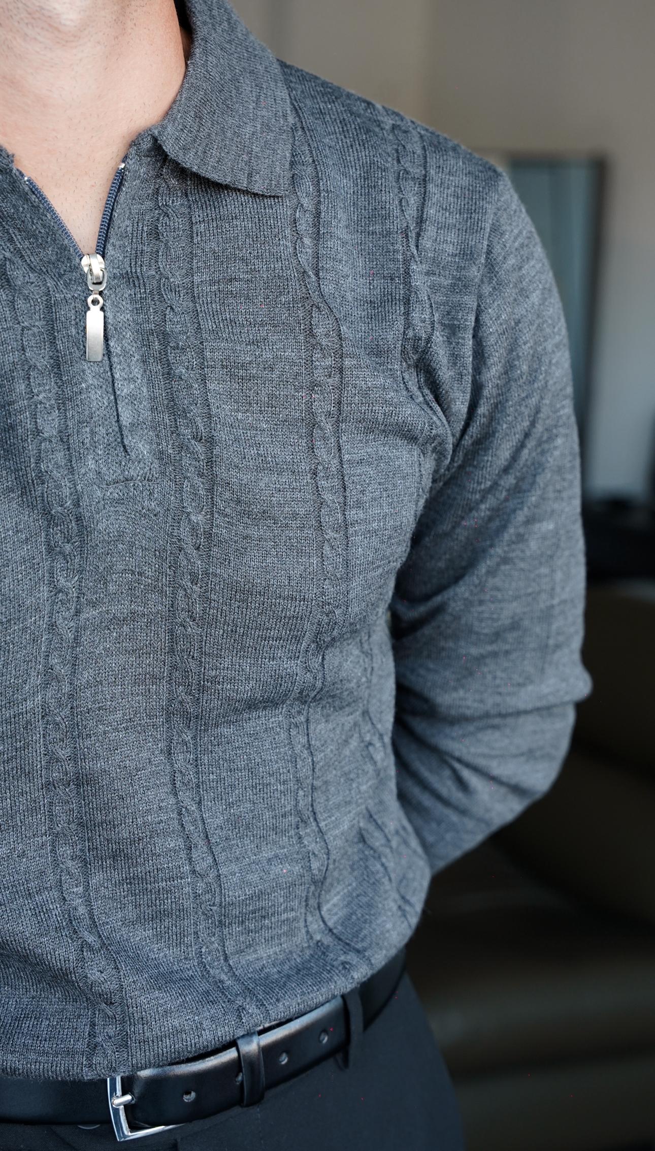 Pure Wool Cable Gri Triko Polo Yaka FW5801