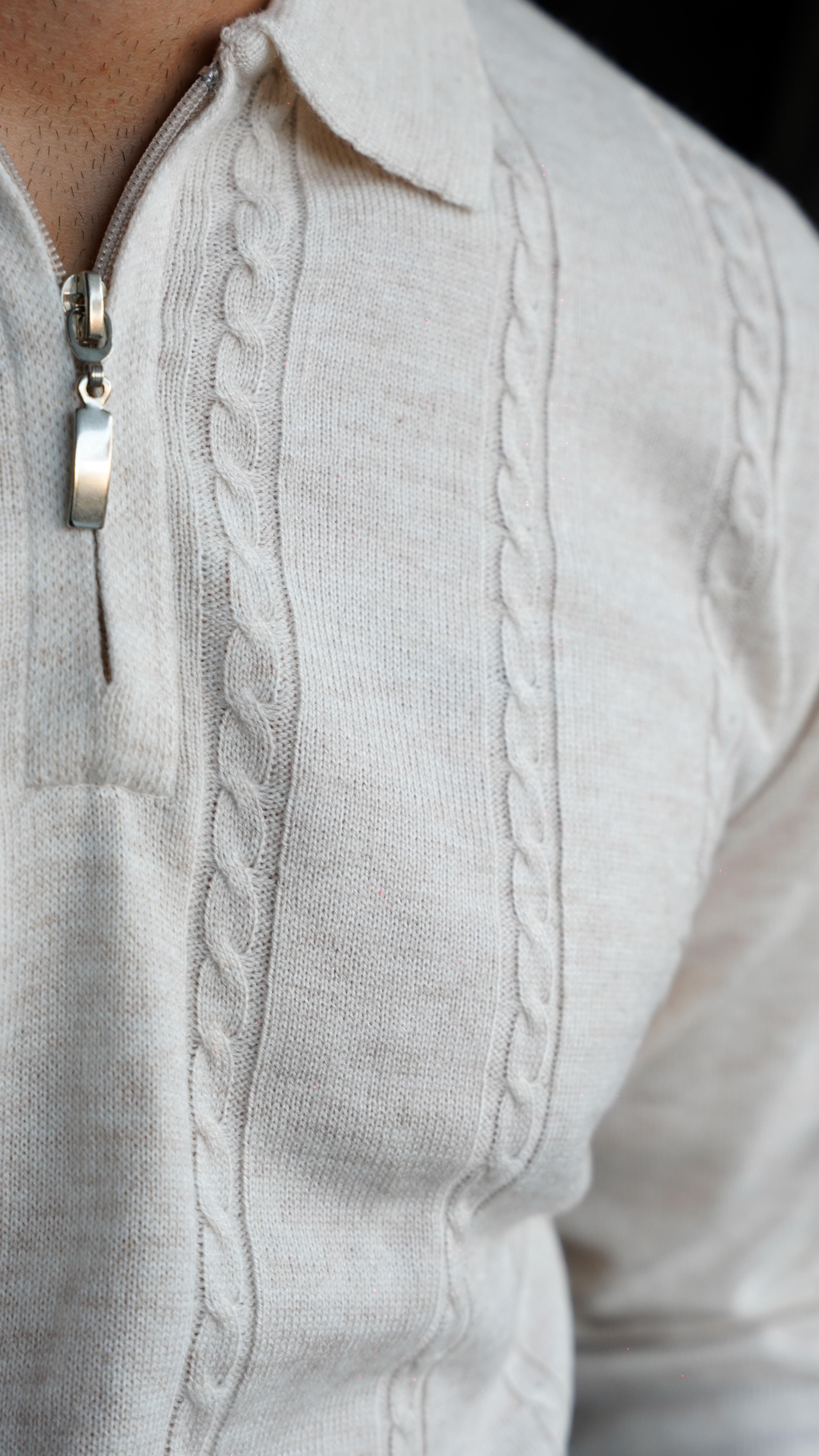 Pure Wool Cable Krem Triko Polo Yaka FW5781
