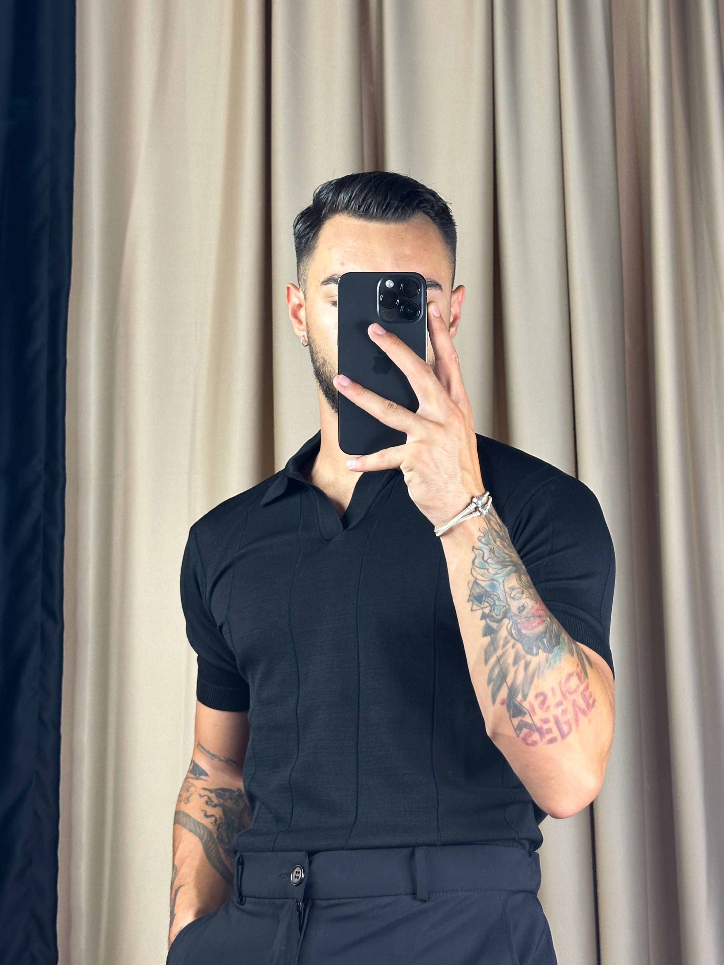 Çizgili Merserize Siyah Polo Yaka T-shirt 5401 