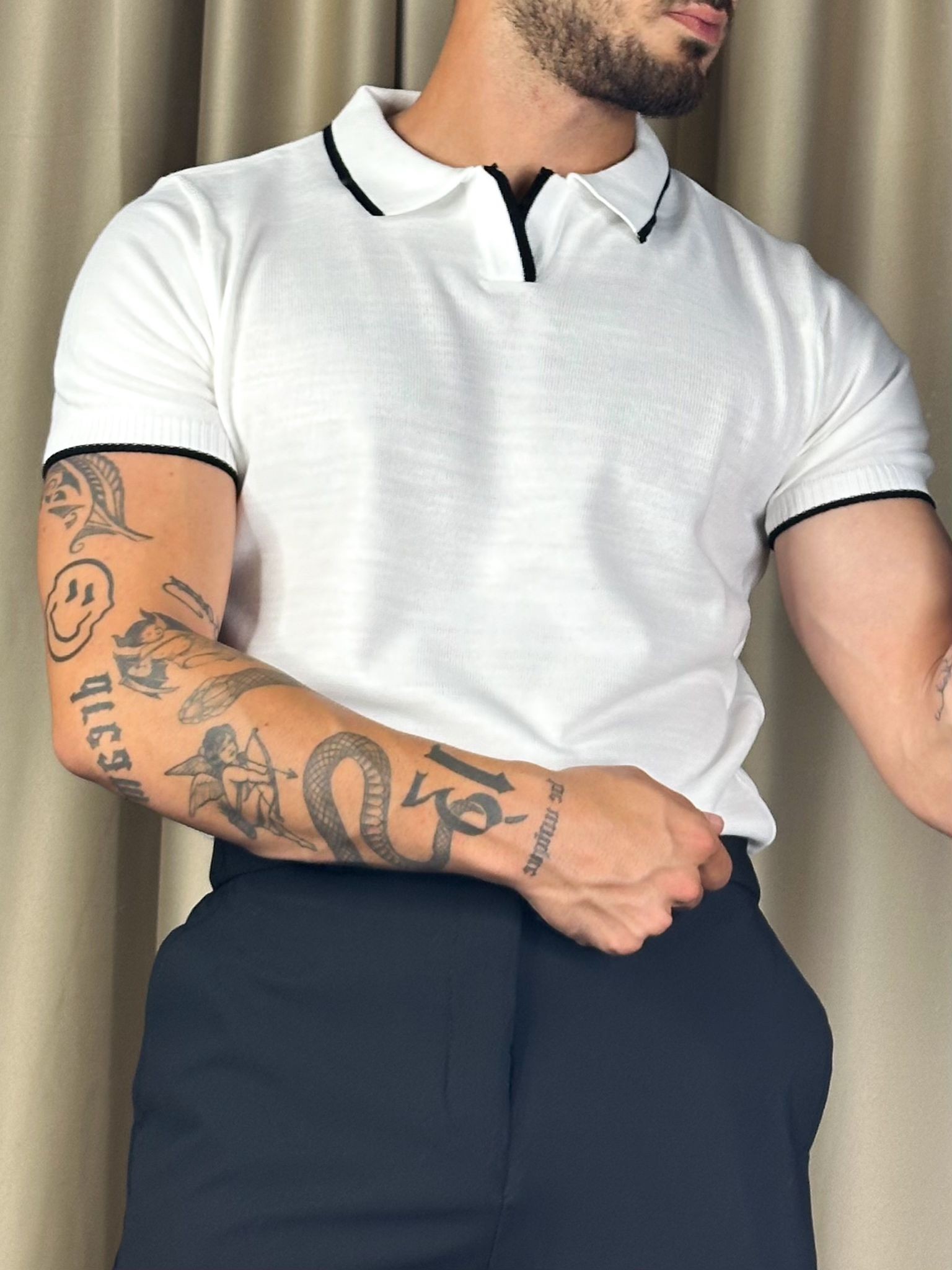 Triko Yaka Çizgili Beyaz Polo Yaka T-shirt 5376 