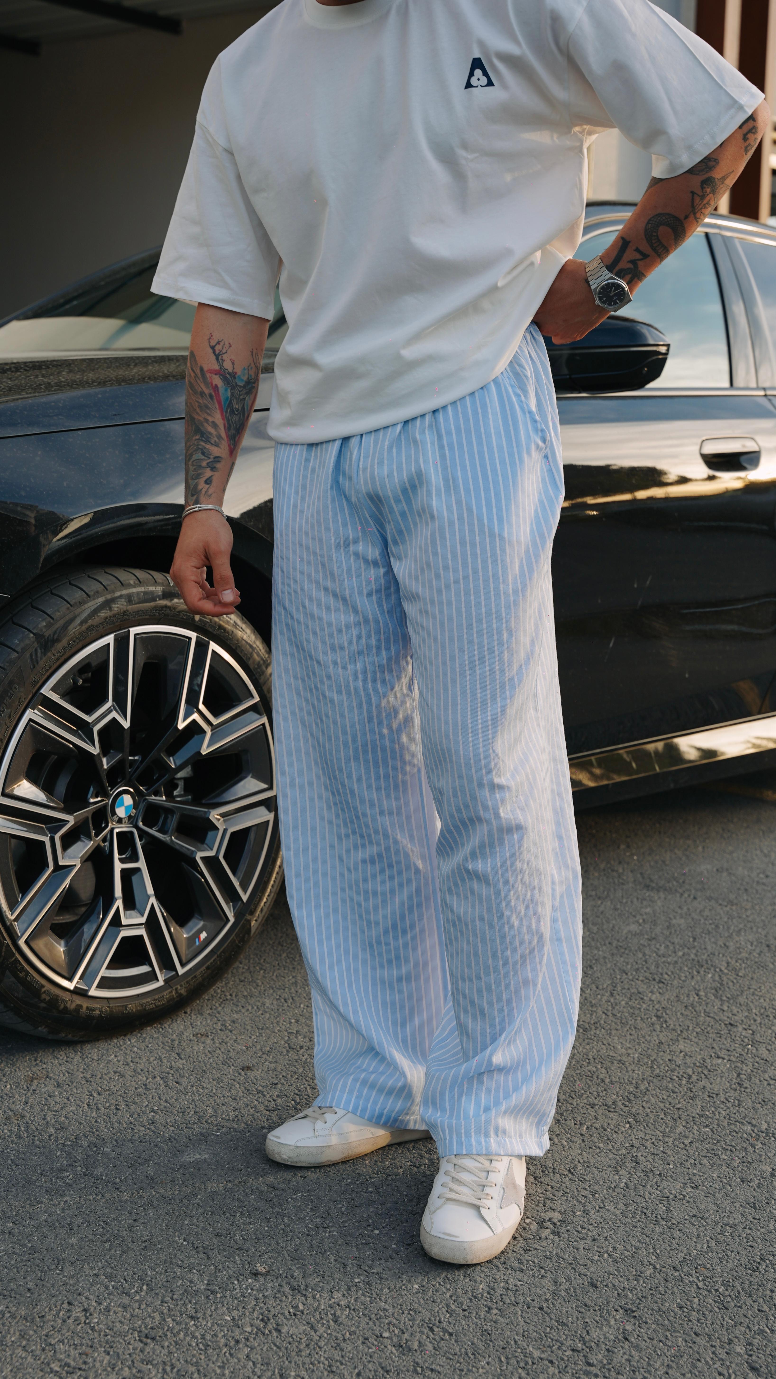 Baggy Bebek Mavisi Kalın Çizgili Poplin Pantolon SS5680