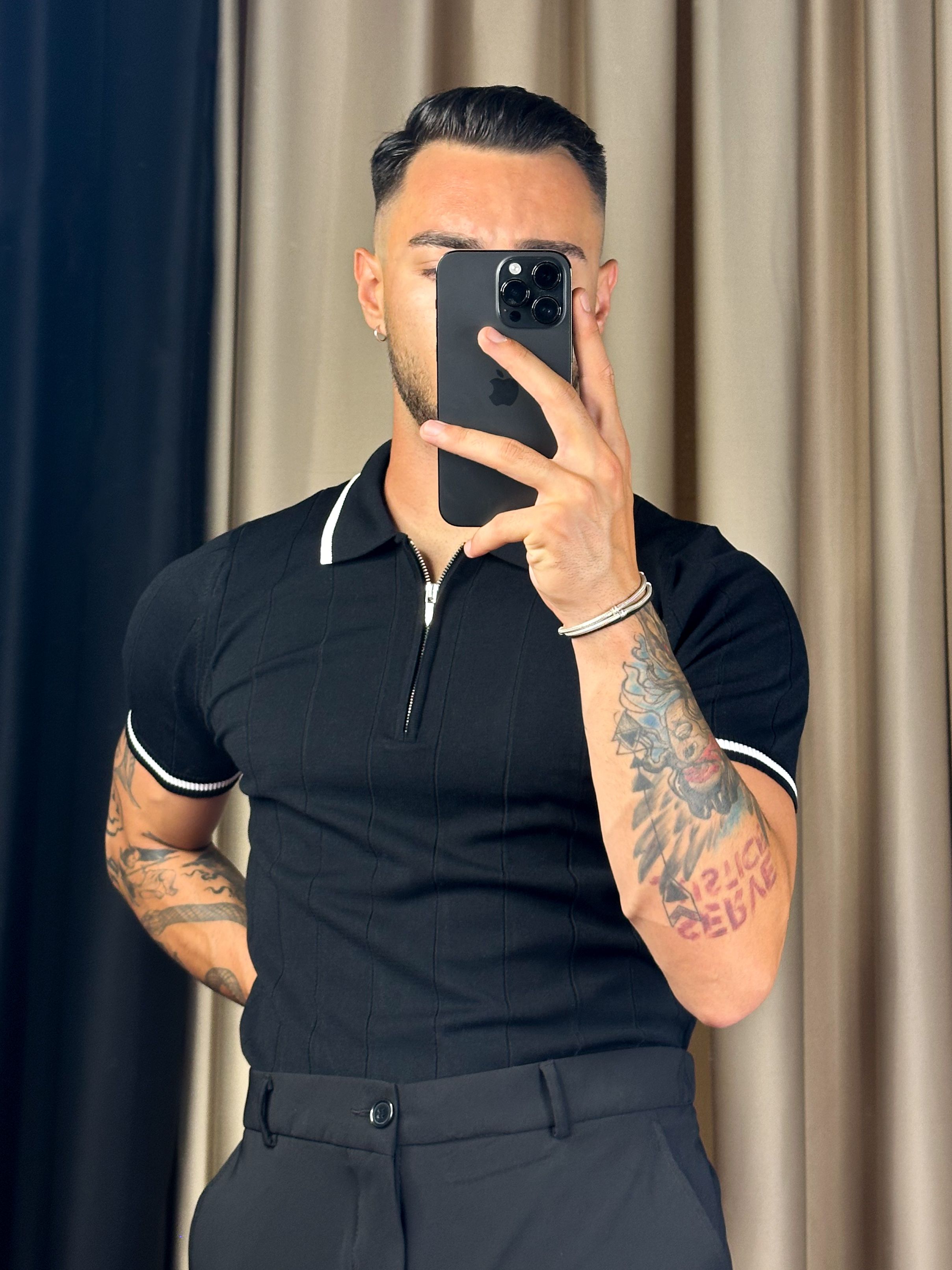 Fermuarlı Yaka Çizgili Siyah Polo Yaka T-shirt 5421