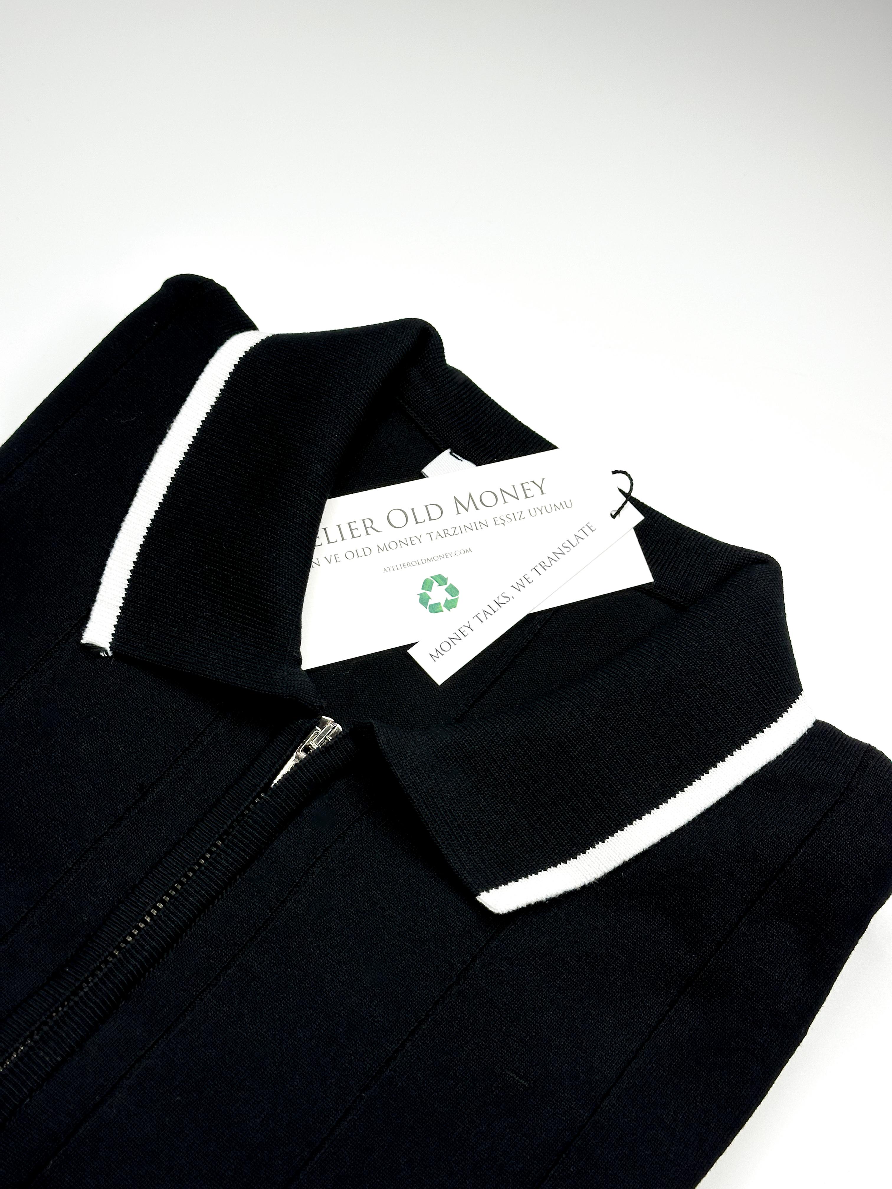 Fermuarlı Yaka Çizgili Siyah Polo Yaka T-shirt 5421