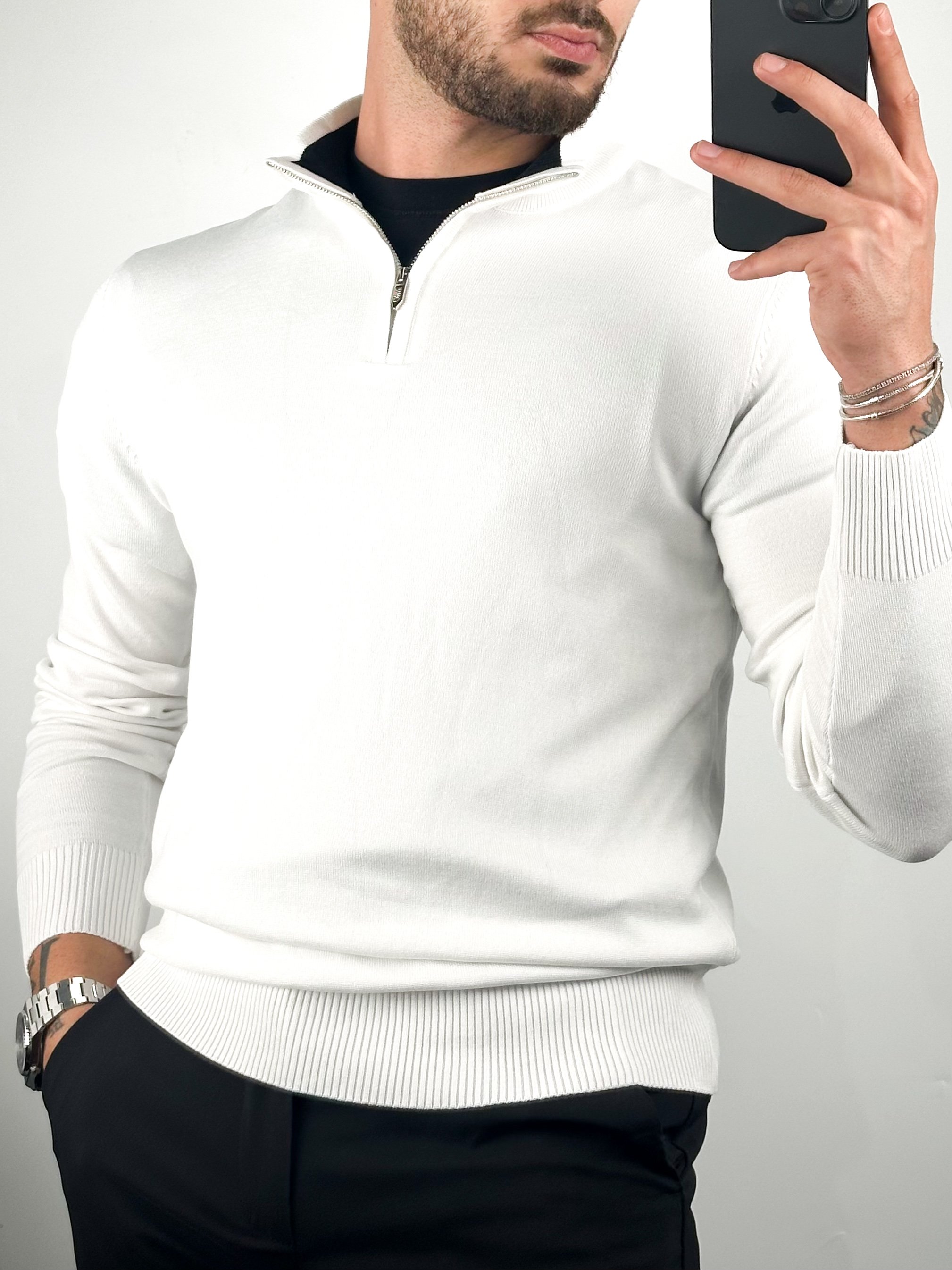 Dik Yaka Fermuarlı Beyaz Triko 5482