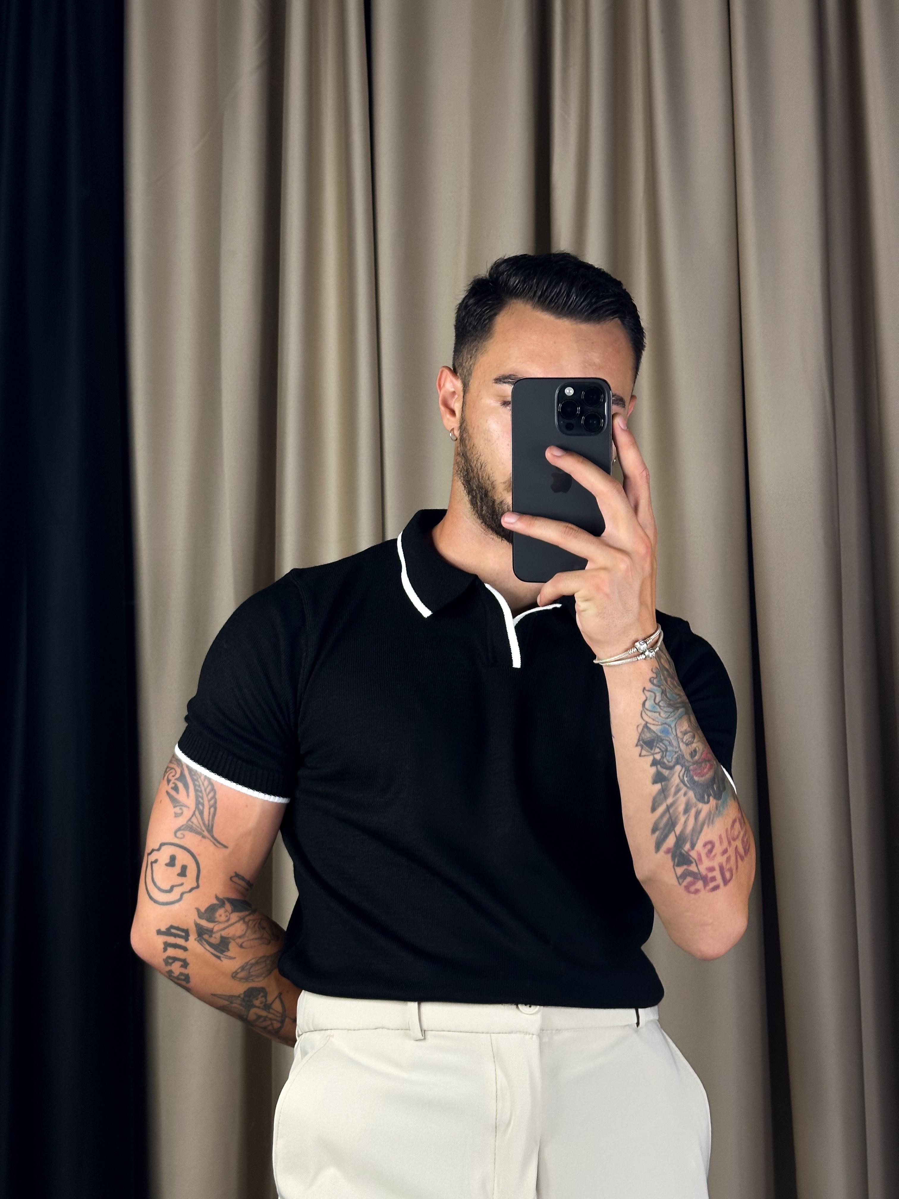 Triko Yaka Çizgili Siyah Polo Yaka T-shirt 5377