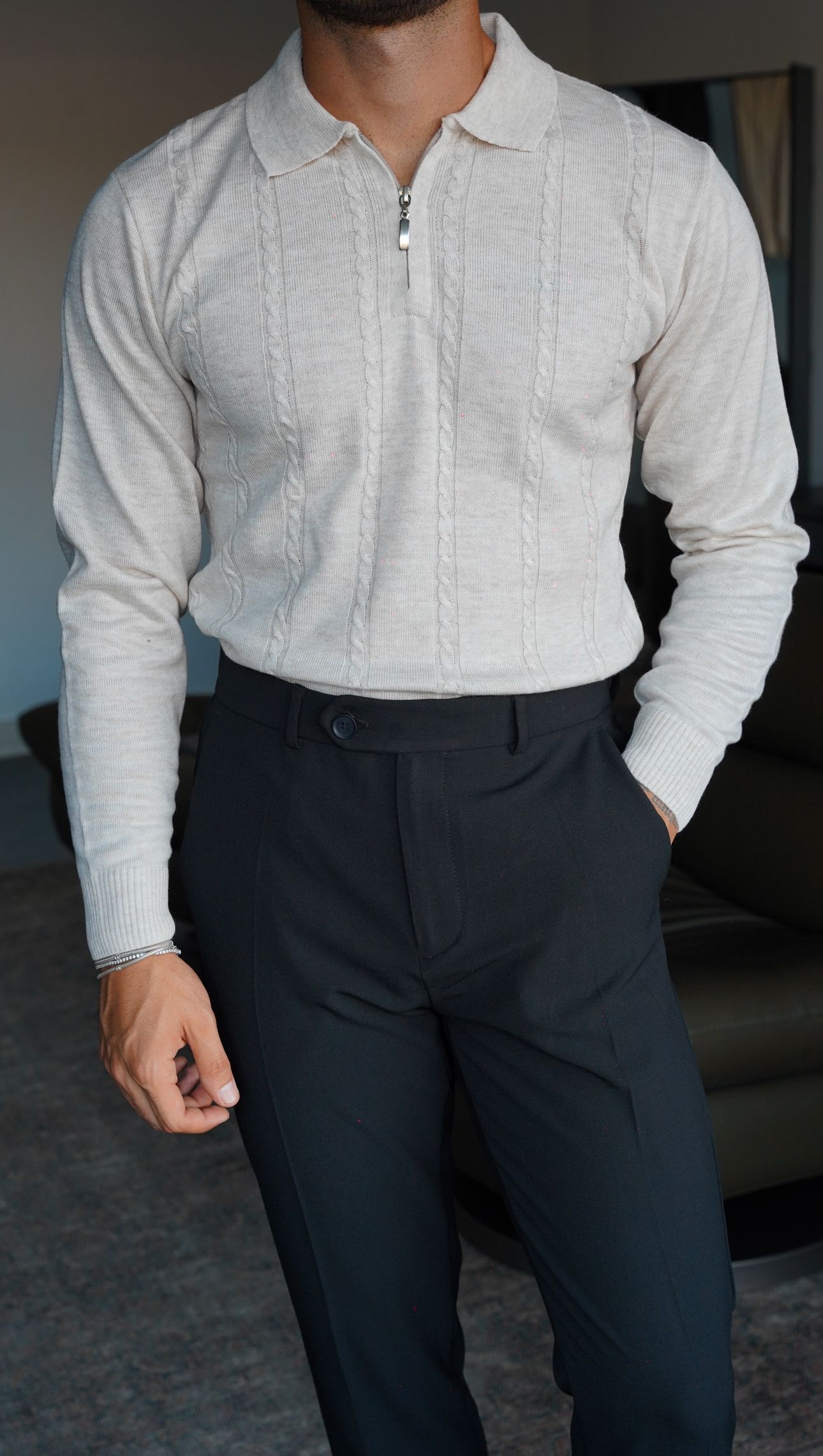 Pure Wool Cable Krem Triko Polo Yaka FW5781