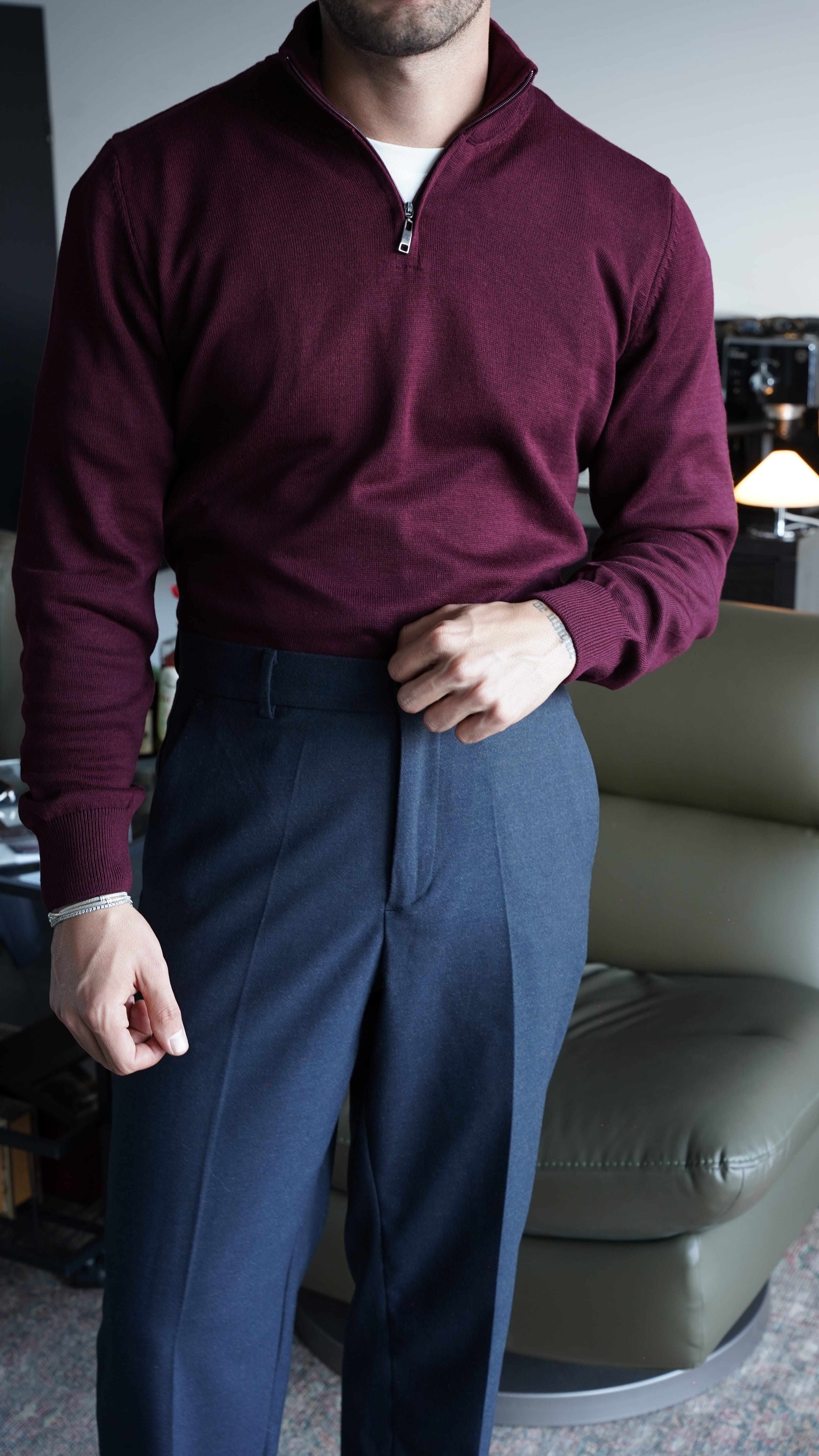 Merino Blend Half Zip Bordo Knit FW5834
