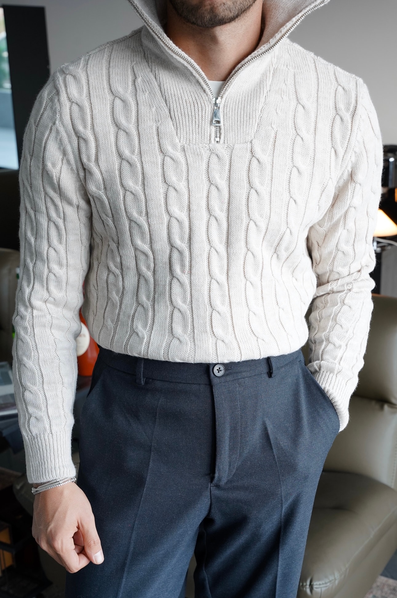 Oxford Balıkçı Fermuarlı Krem Kazak FW5844