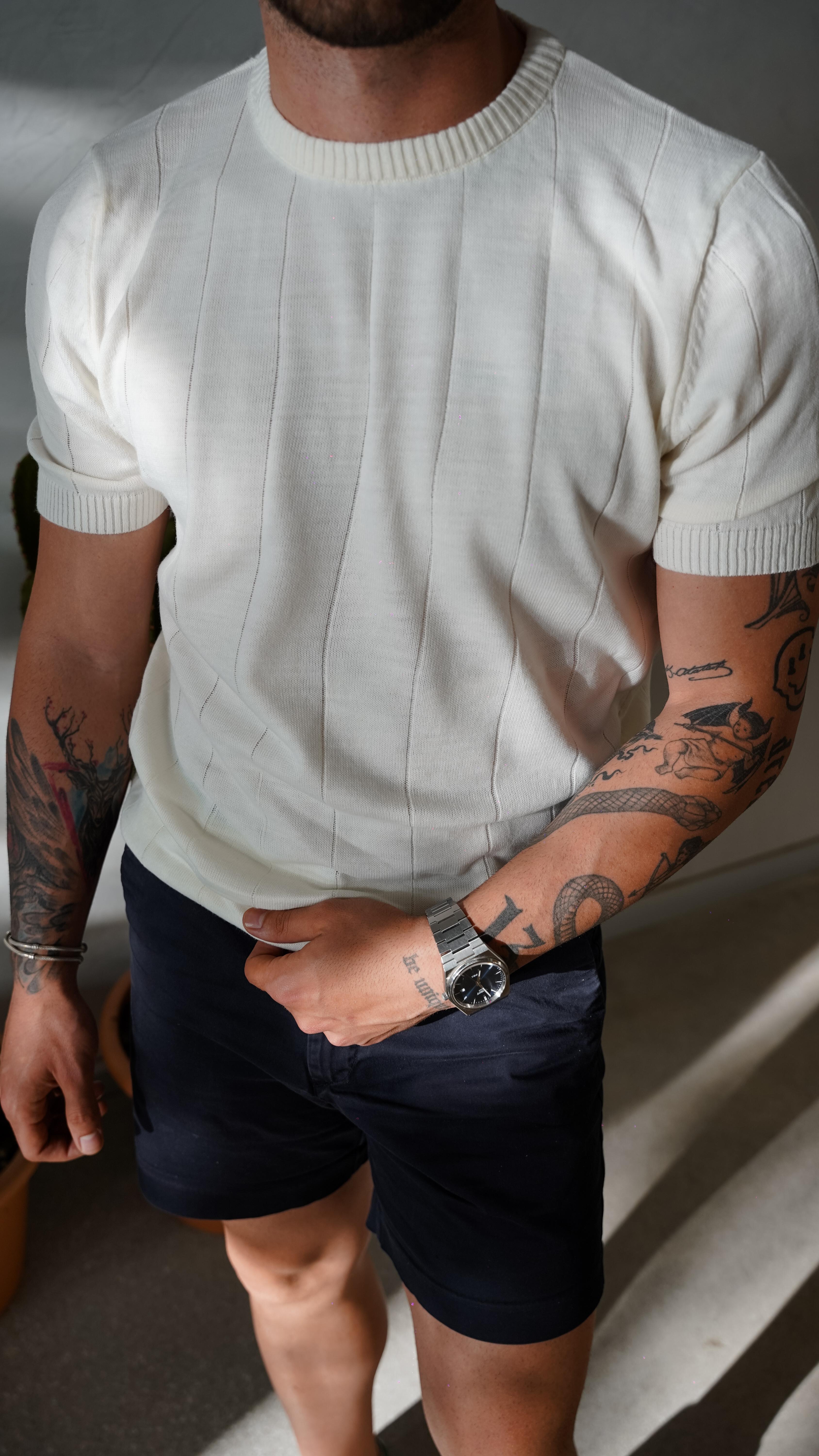 Ekru Çizgili Örgü Triko T-shirt 5678