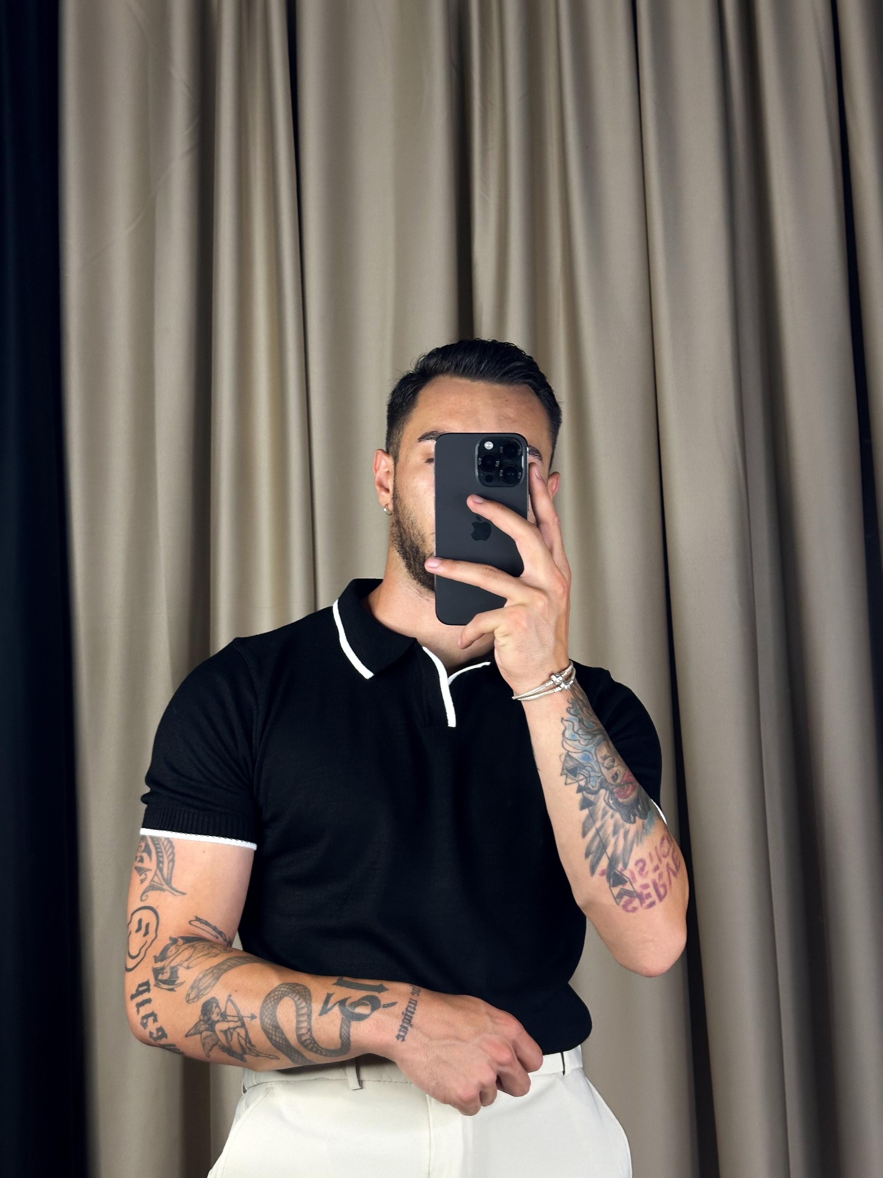 Triko Yaka Çizgili Siyah Polo Yaka T-shirt 5377