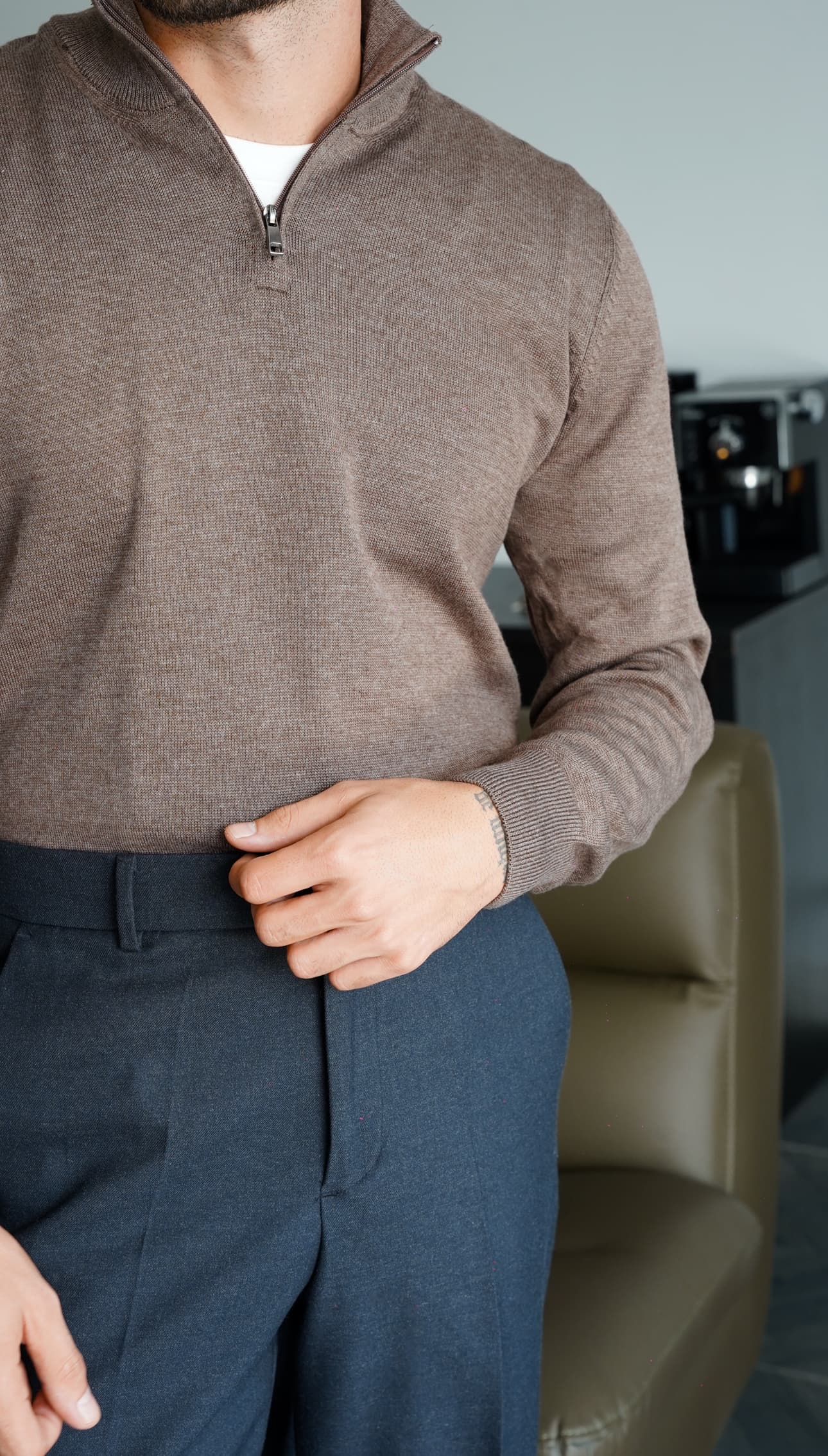 Merino Blend Half Zip Kahve Knit FW5825