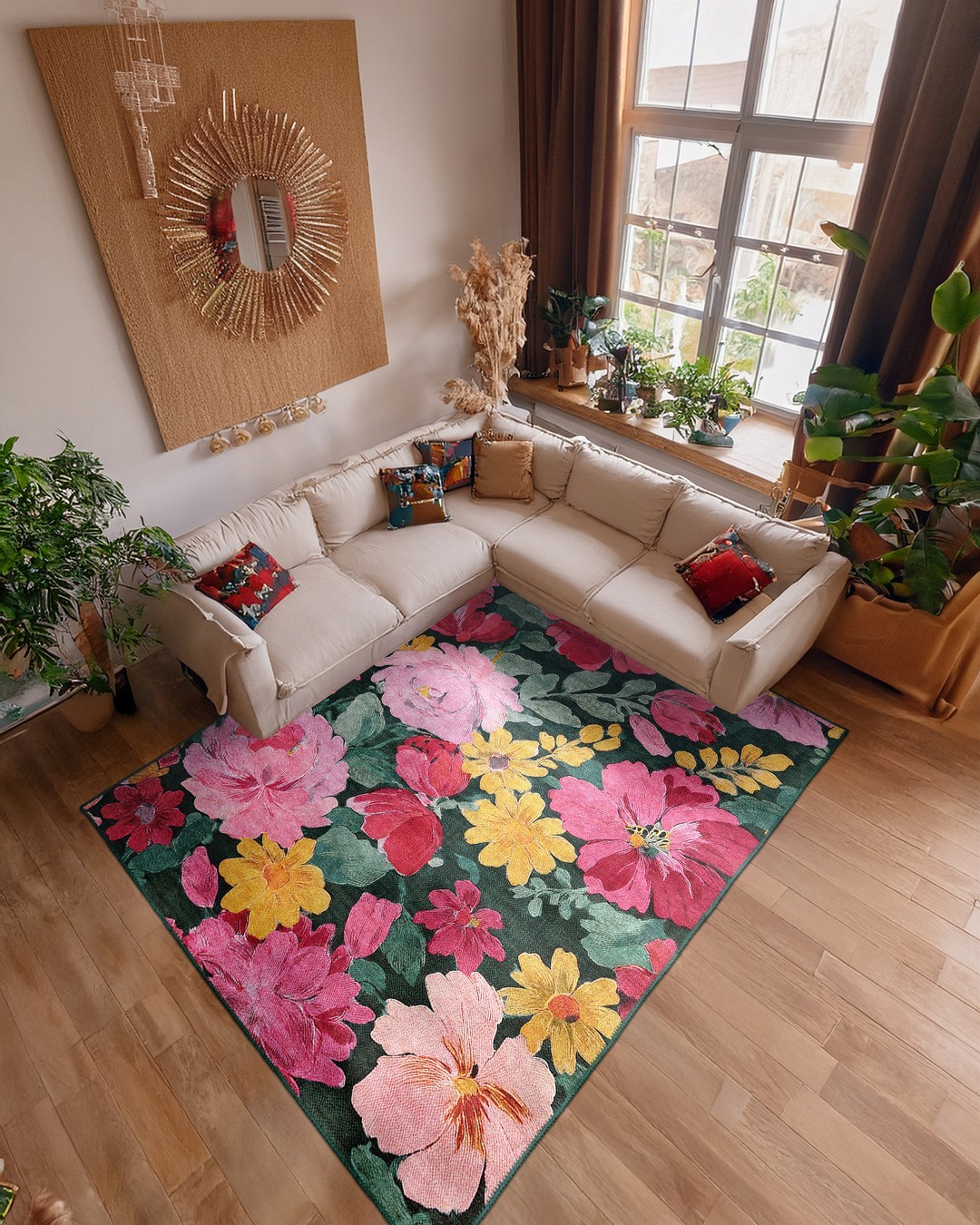 Jardin 04005 Dokuma Taban Yeşil Çiçekli Halı