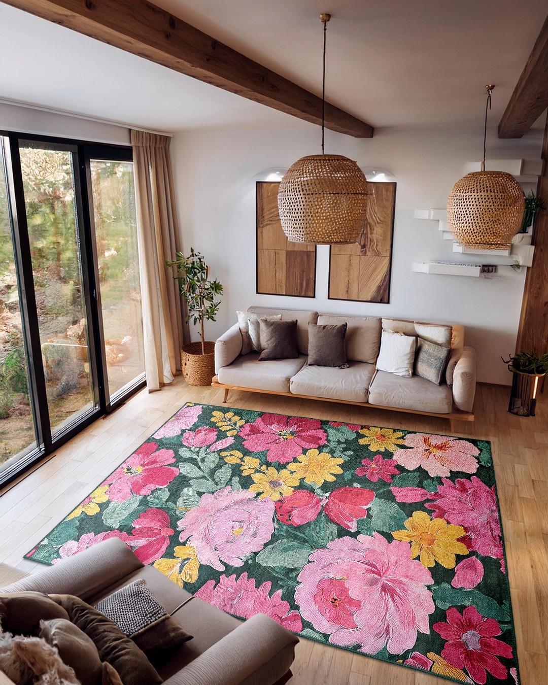 Jardin 04005 Dokuma Taban Yeşil Çiçekli Halı