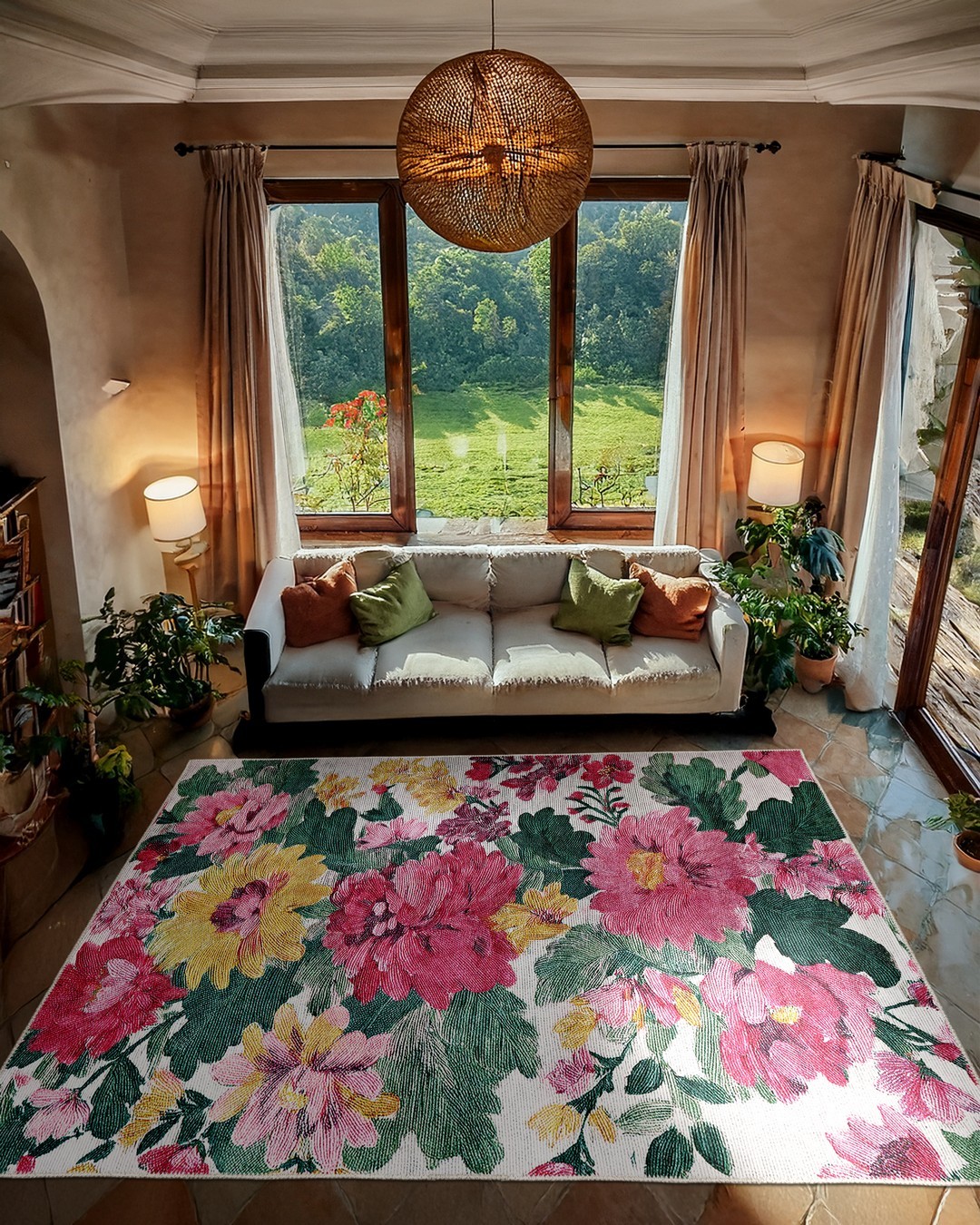 Jardin 04004 Dokuma Taban Yeşil Çiçekli Halı