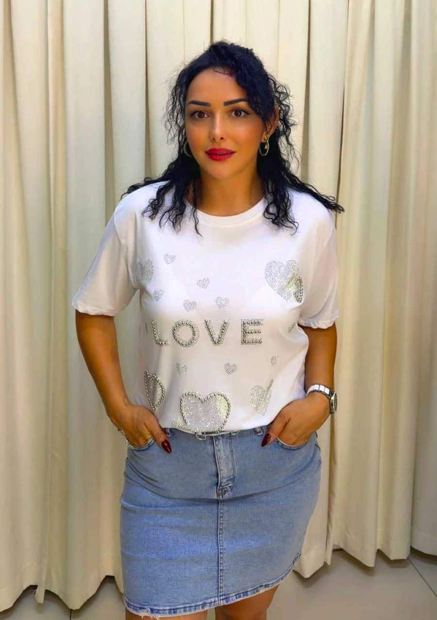 RA1004 LOVE Kalpli Taşlı T-shirt