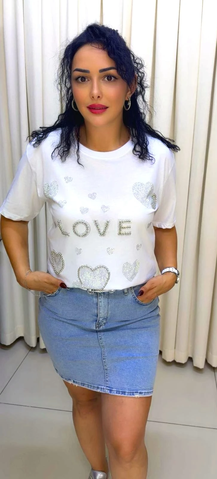 RA1004 LOVE Kalpli Taşlı T-shirt