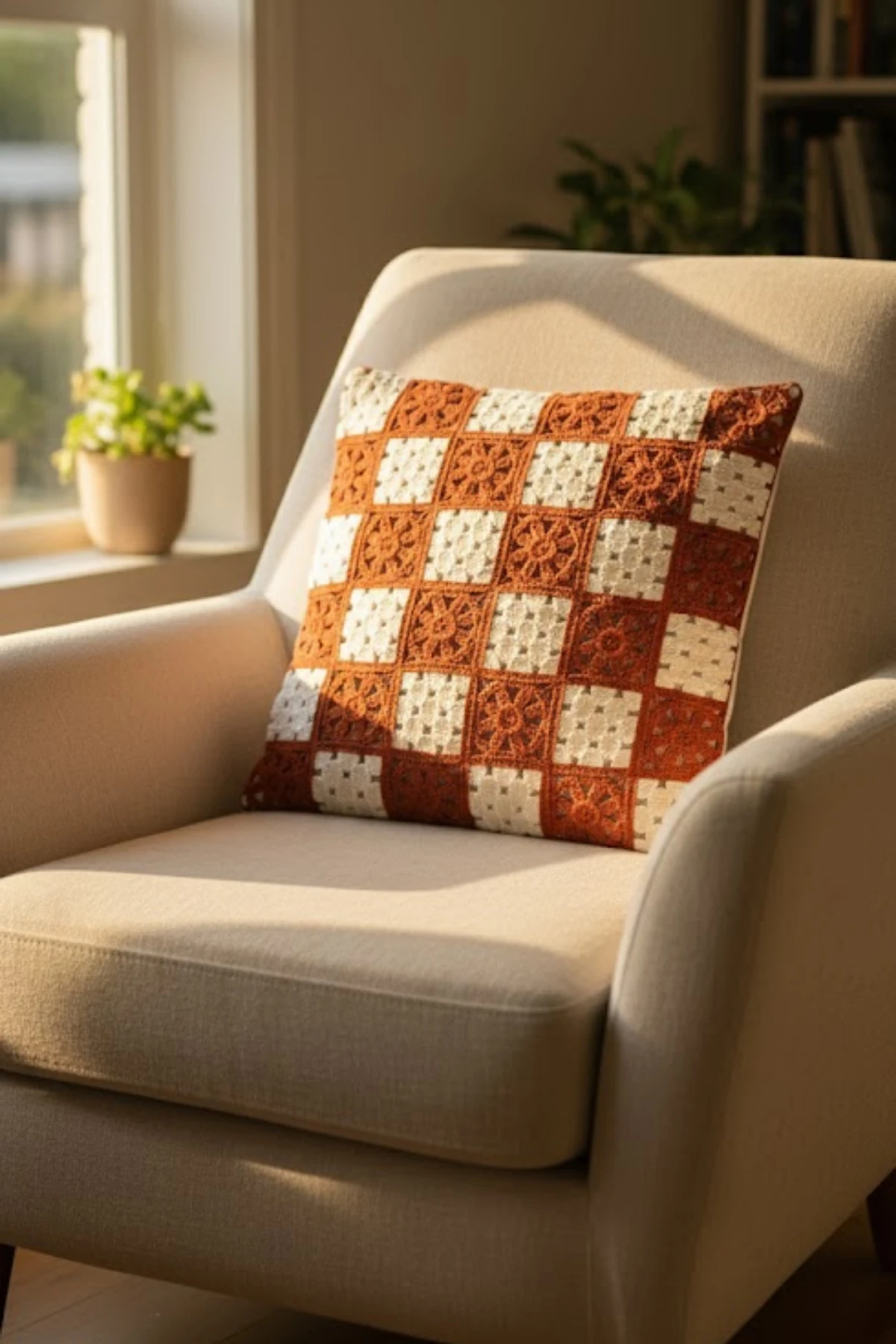 Ajur Örgü , Patchwork Tığ İşi Örgü Kare Desenli Bohem, Modern Kırlent Kılıfı - Patchwork-Kiremit