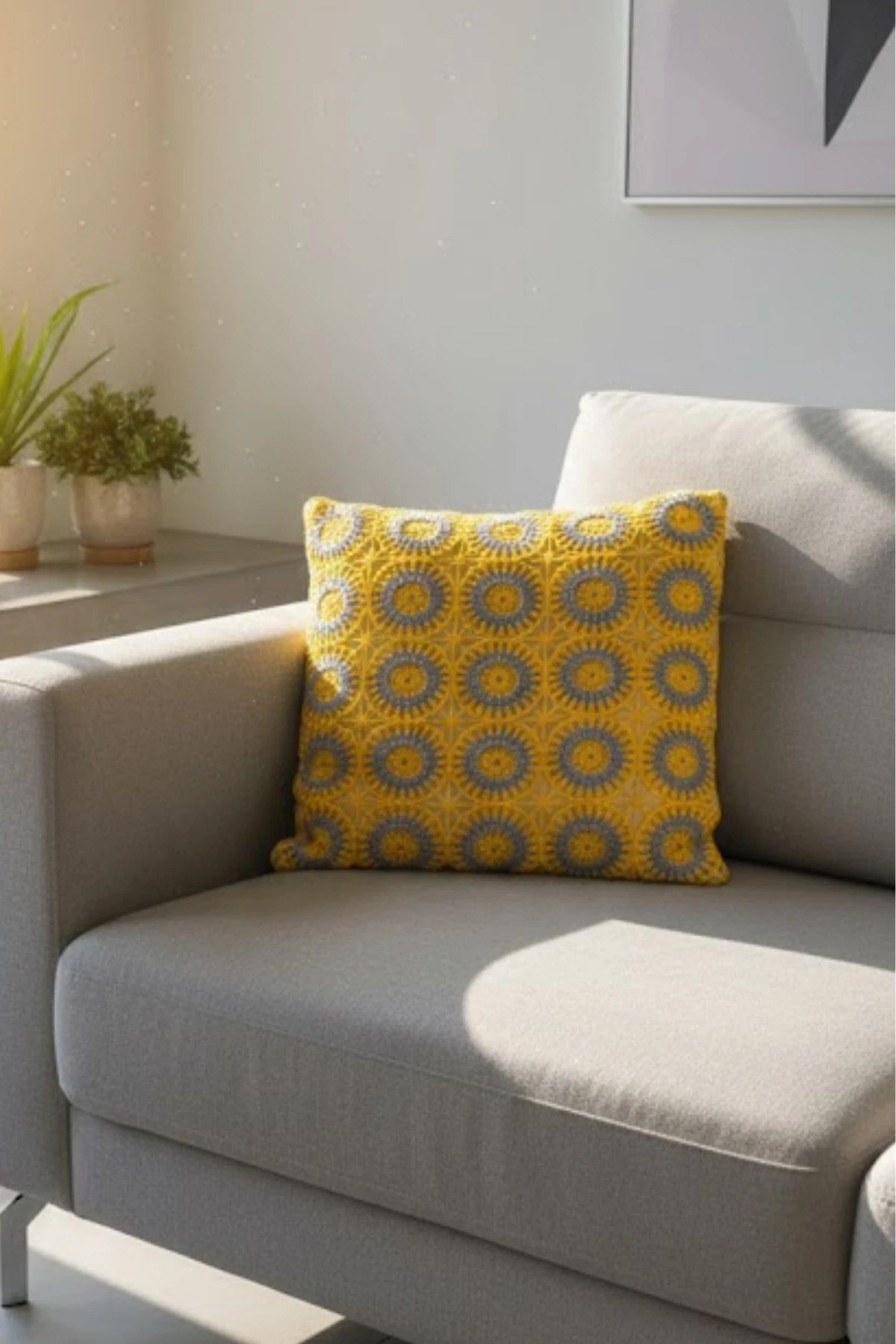 Ajur Örgü , Patchwork Tığ İşi Örgü Kare Desenli Bohem, Modern Kırlent Kılıfı - Ajur-Sarı