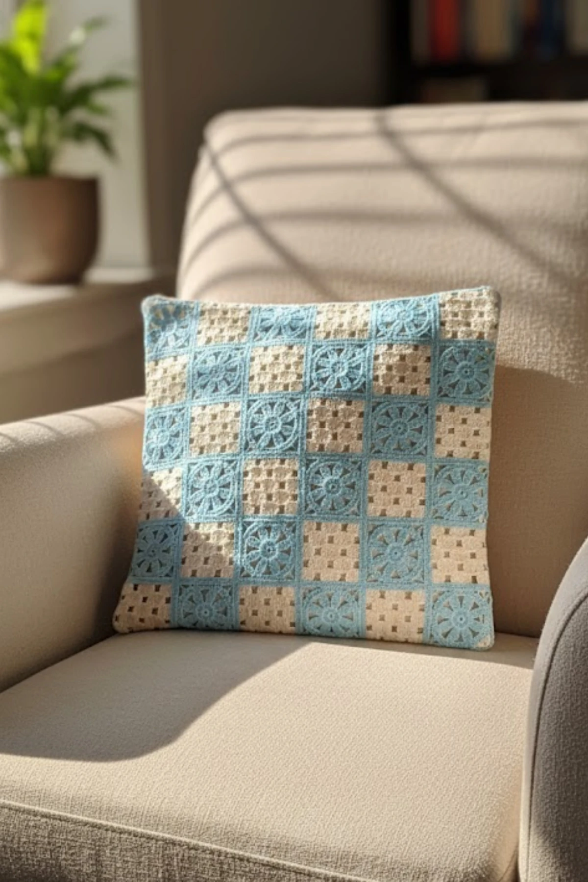 Ajur Örgü , Patchwork Tığ İşi Örgü Kare Desenli Bohem, Modern Kırlent Kılıfı - Patchwork-Turkuaz