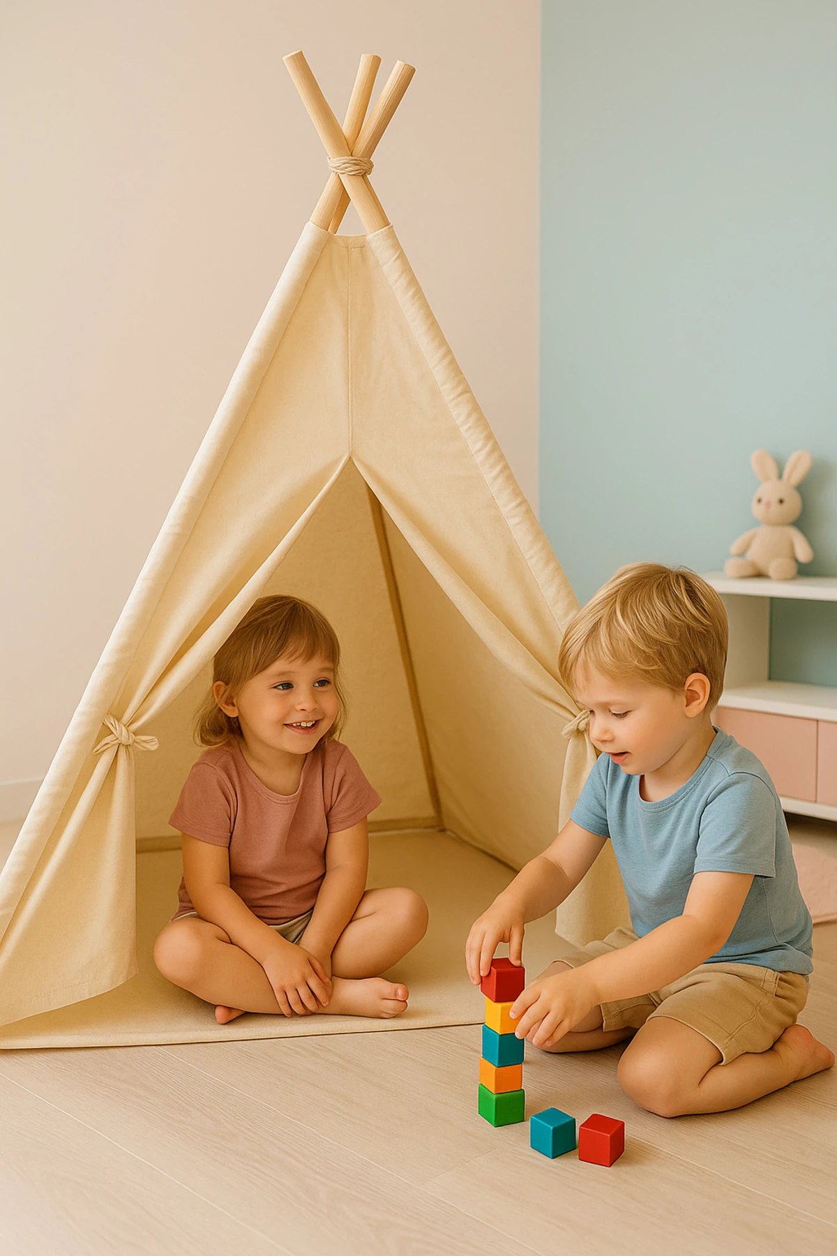 Ahşap Çocuk Kızılderili Oyun Çadırı, Ev İçi ve Bahçe Kullanımına Uygun Minderli Oyun Evi, Natural - Bej