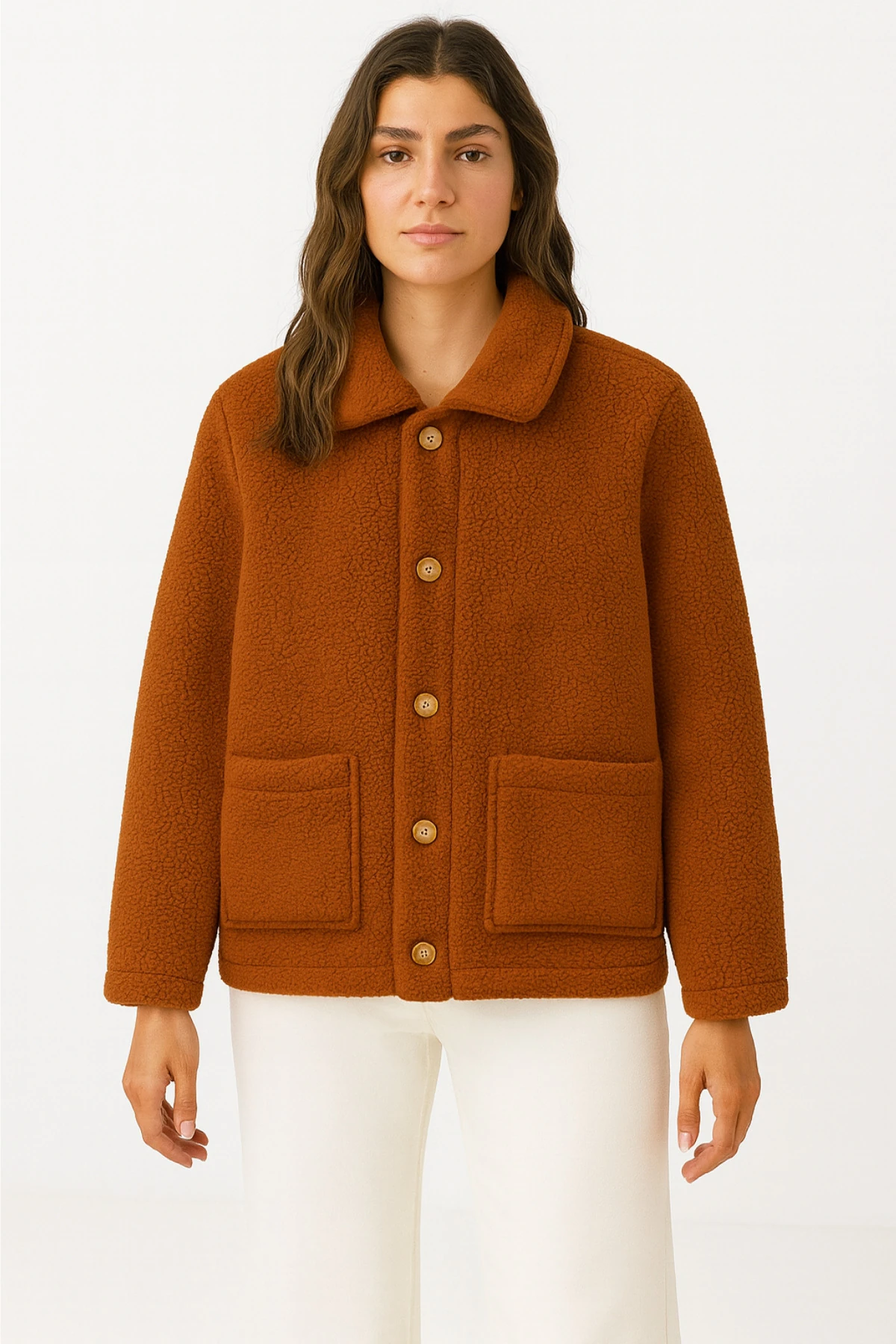 Sherpa Ekstra Yumuşak Teddy Gömlek Yaka Düğmeli Kadın Ceket - Kahverengi