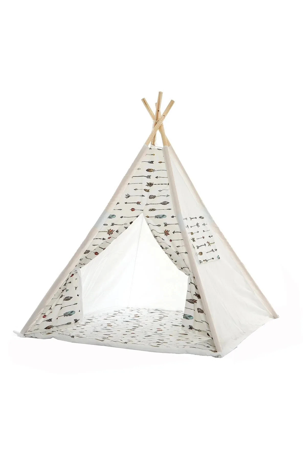 Ahşap Çocuk Kızılderili Oyun Çadırı, Ev İçi ve Bahçe Kullanımına Uygun Minderli Oyun Evi, Natural - Beyaz